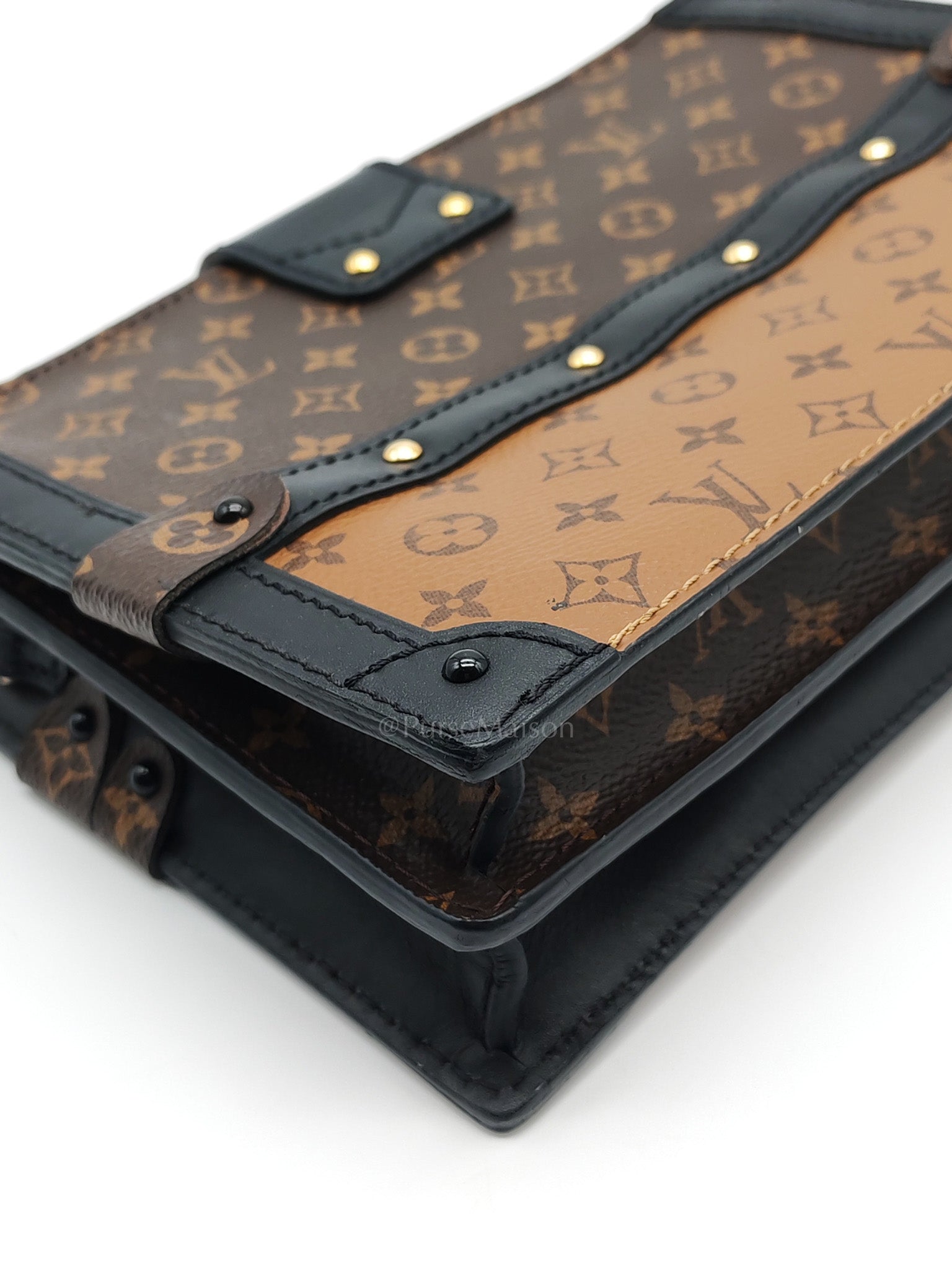 Trunk Clutch in Reverse Monogram & Gold Hardware Microchip