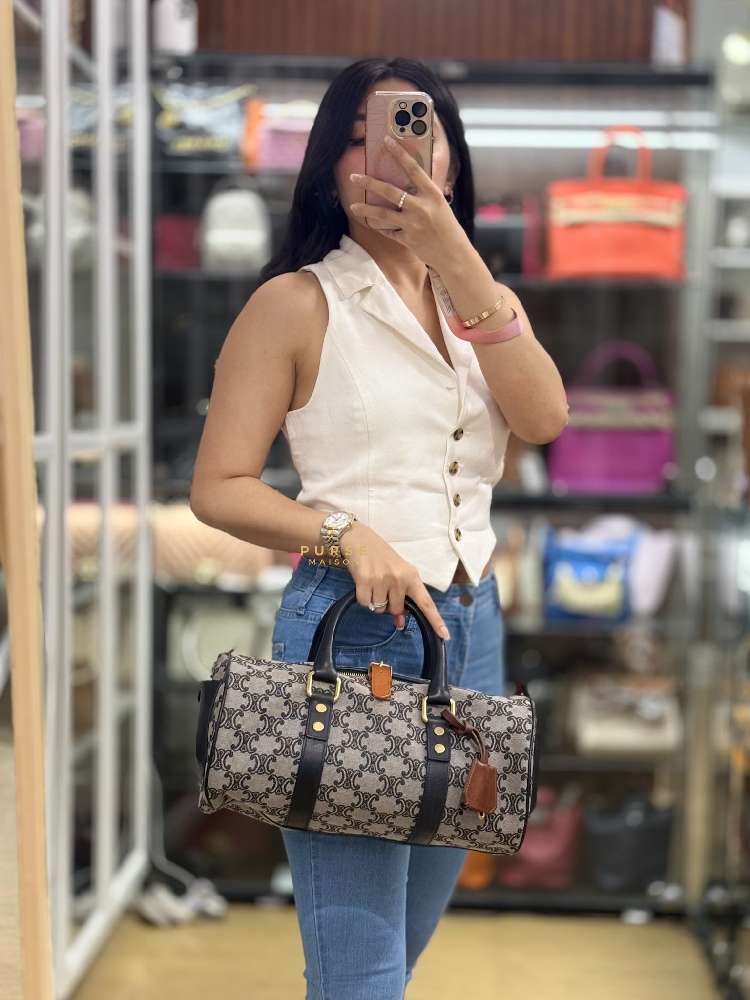 Macadam Boston Navy Blue Hand Bag | Purse Maison Luxury Bags Shop
