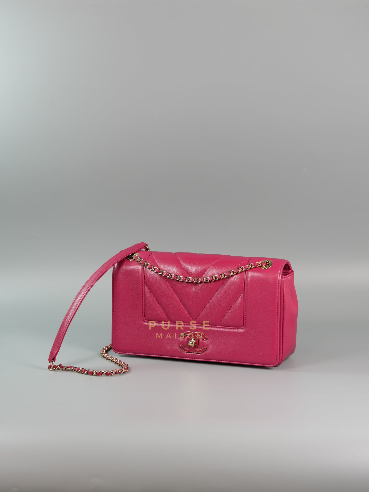 Mademoiselle Flap in Rose Pink Chevron Calfskin & Light Gold Hardware Series 24 | Purse Maison Luxury Bags Shop