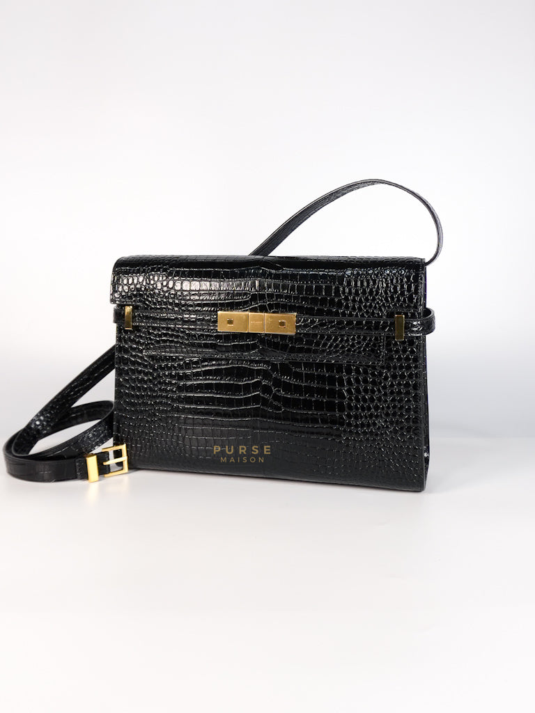 Manhattan Medium in Black Crocodile Embossed Sling Bag | Purse Maison Luxury Bags Shop