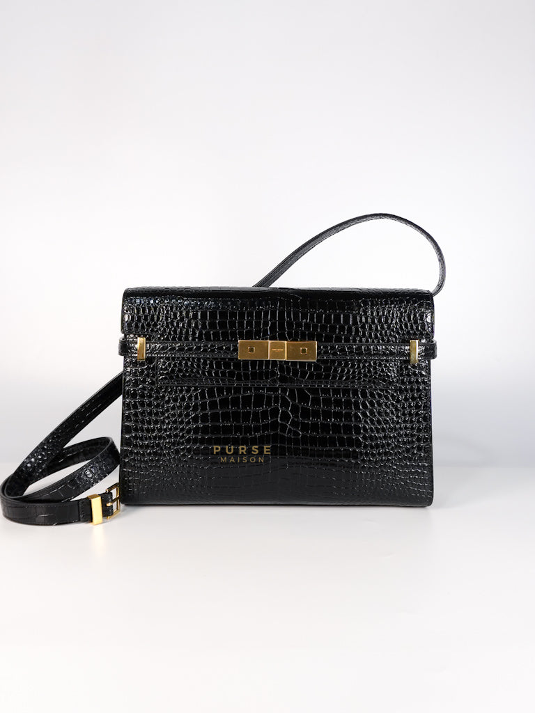 Manhattan Medium in Black Crocodile Embossed Sling Bag | Purse Maison Luxury Bags Shop