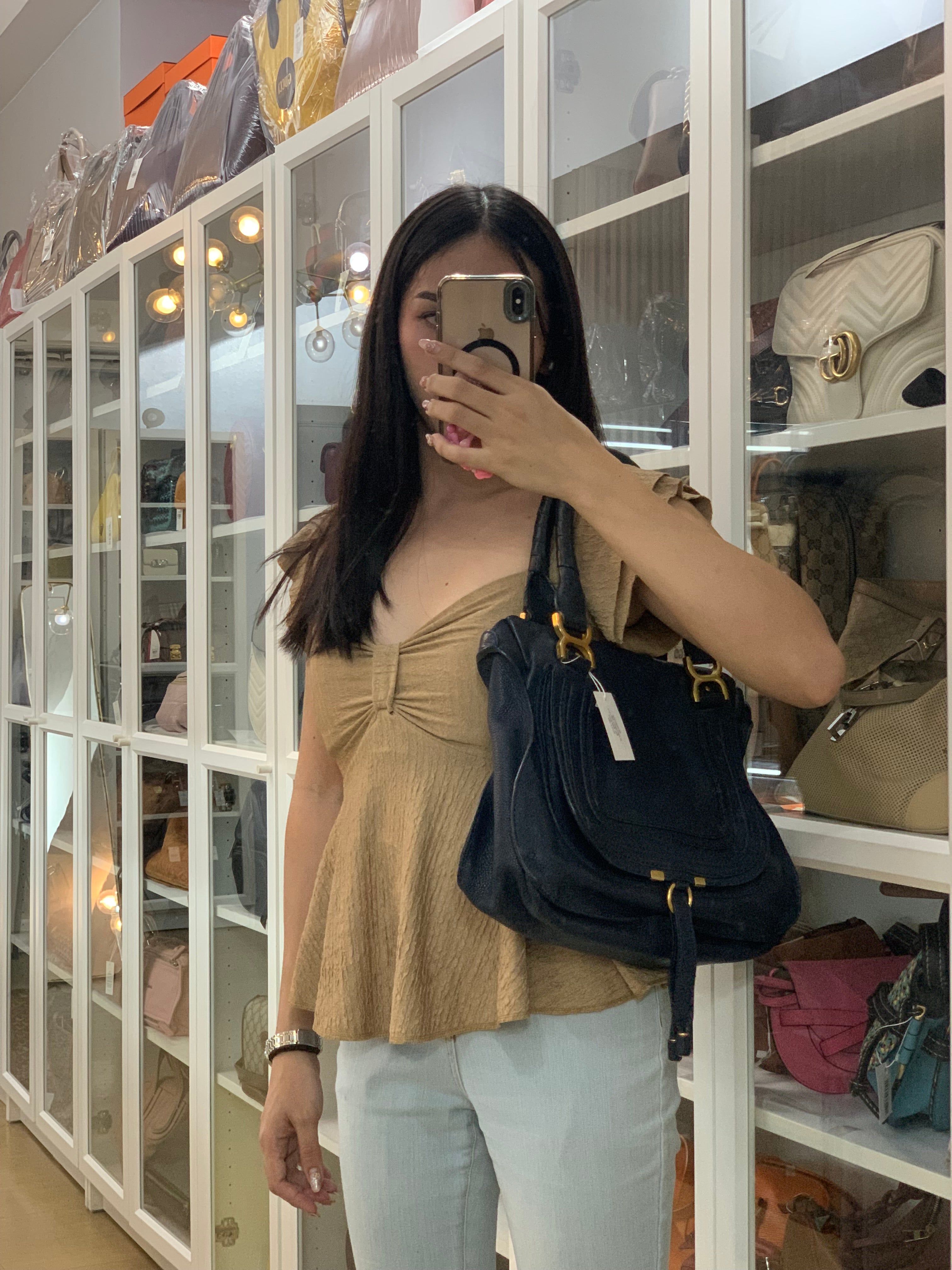 Marcie Tote Bag Medium in Navy Blue Gold Hardware | Purse Maison Luxury Bags Shop