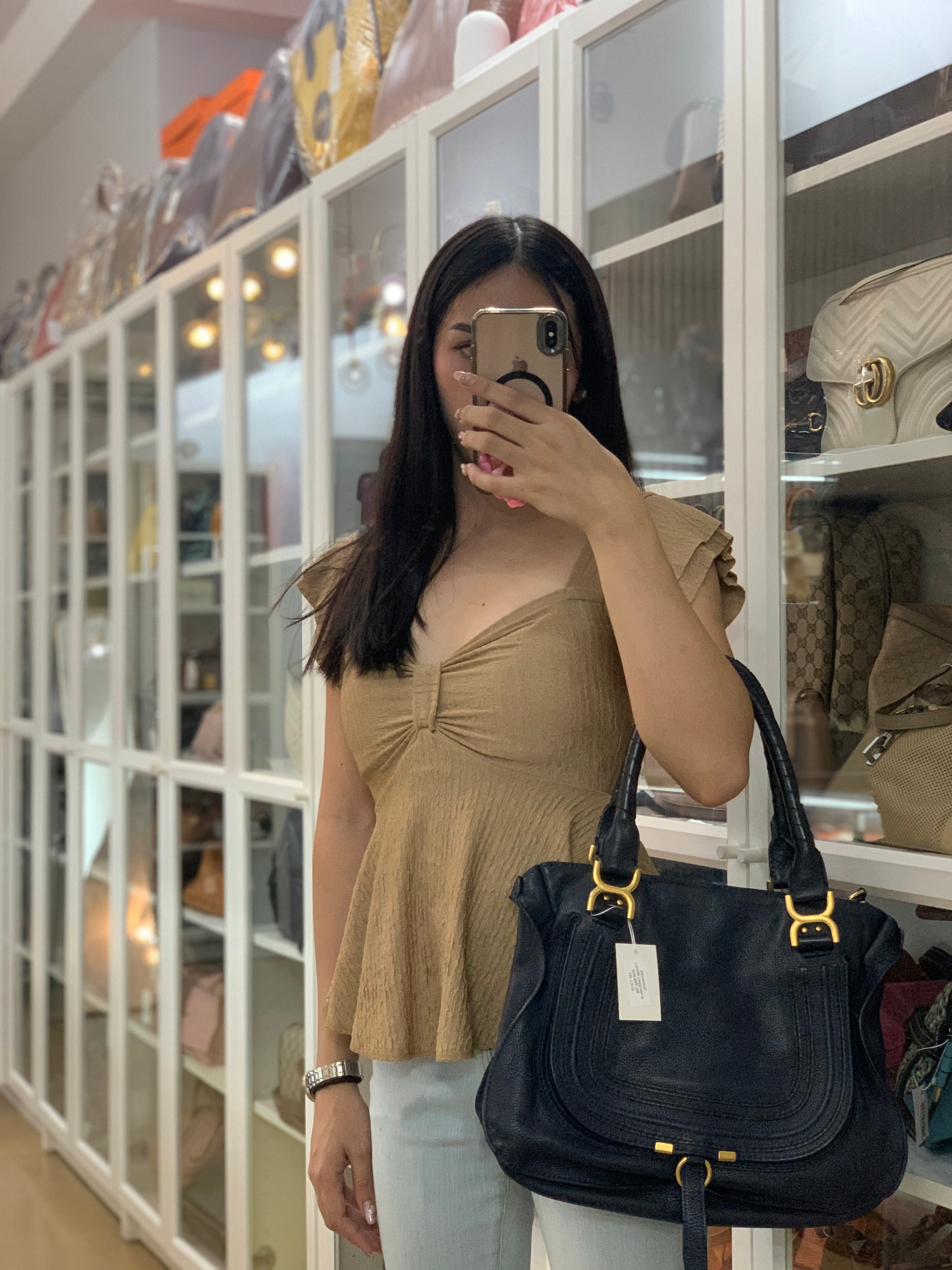 Marcie Tote Bag Medium in Navy Blue Gold Hardware | Purse Maison Luxury Bags Shop