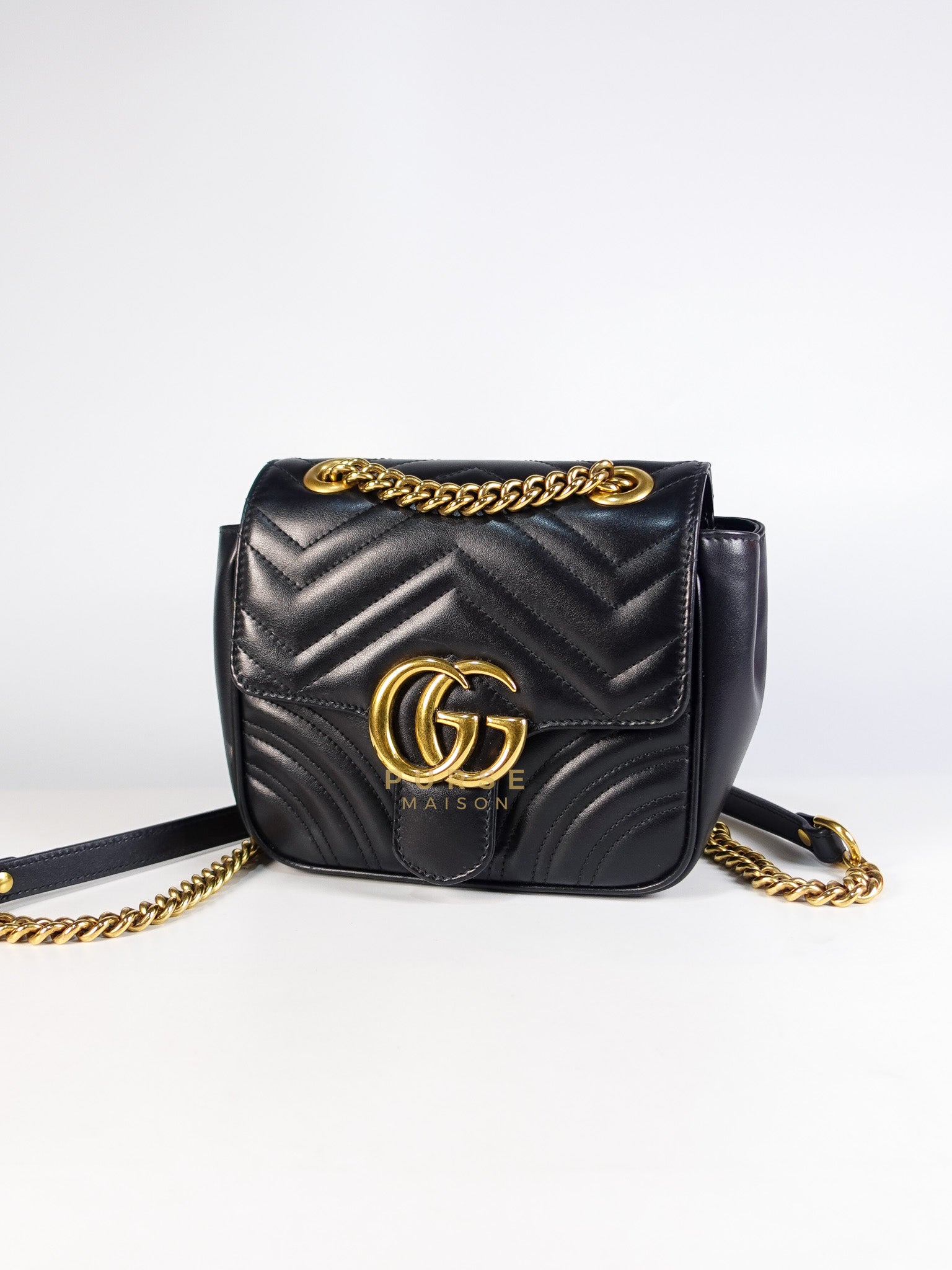 Marmont Flap Bag Mini in Black Matelasse Leather & Gold Hardware | Purse Maison Luxury Bags Shop
