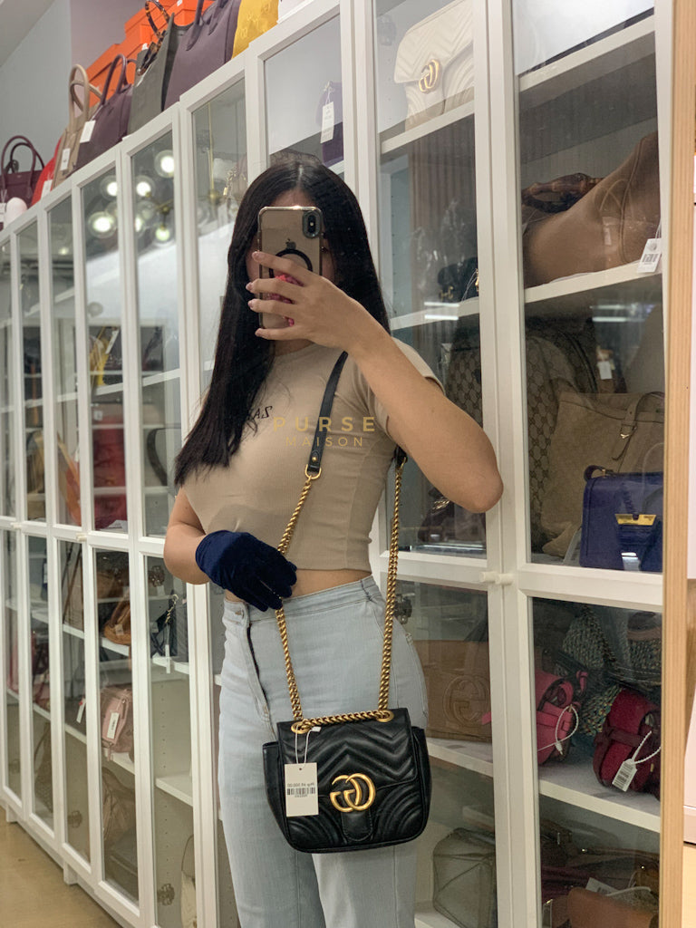 Marmont Flap Bag Mini in Black Matelasse Leather & Gold Hardware | Purse Maison Luxury Bags Shop
