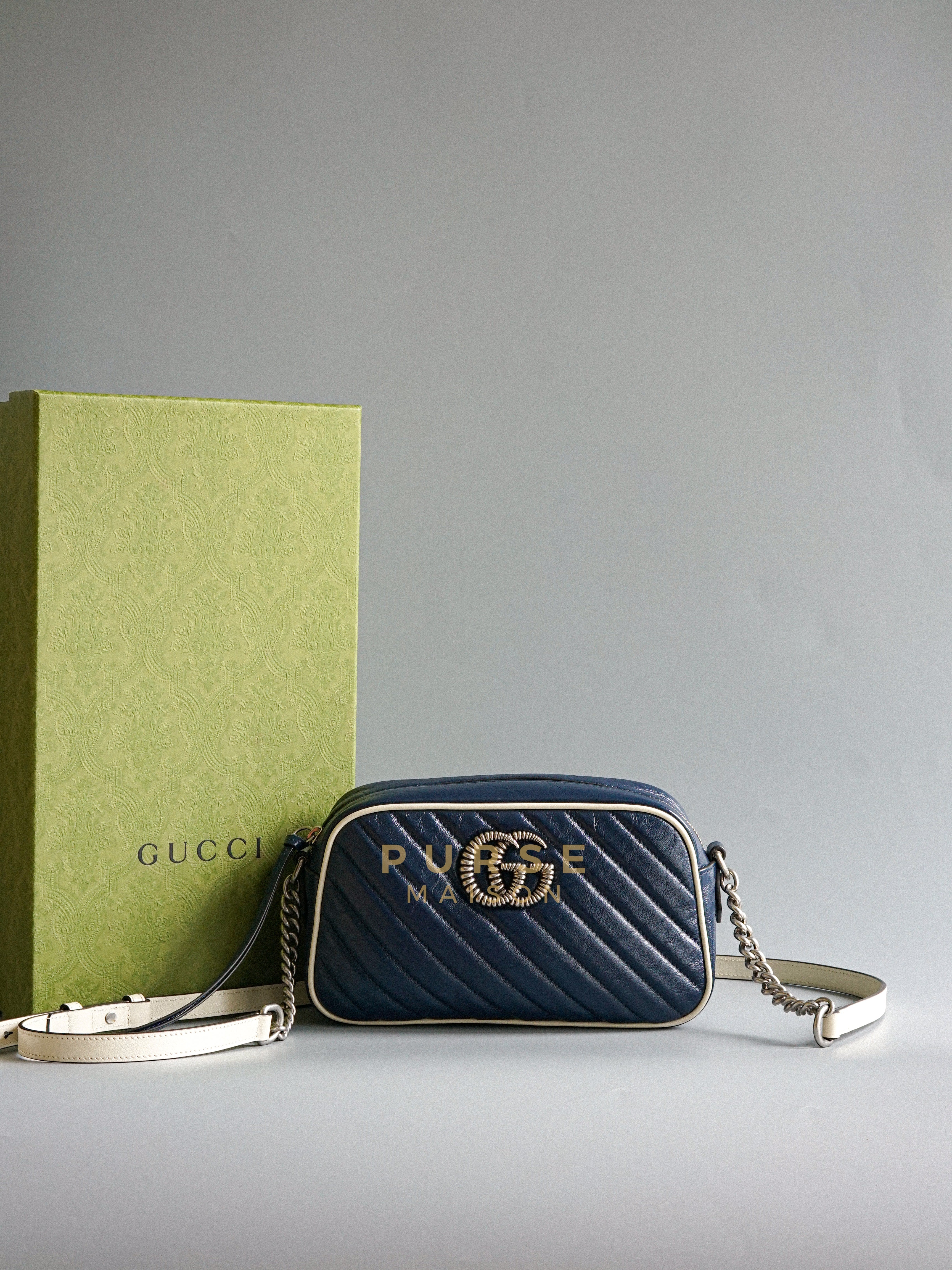 Marmont Matelasse Chain Small Diagonal Torchon (Navy Blue/White) | Purse Maison Luxury Bags Shop