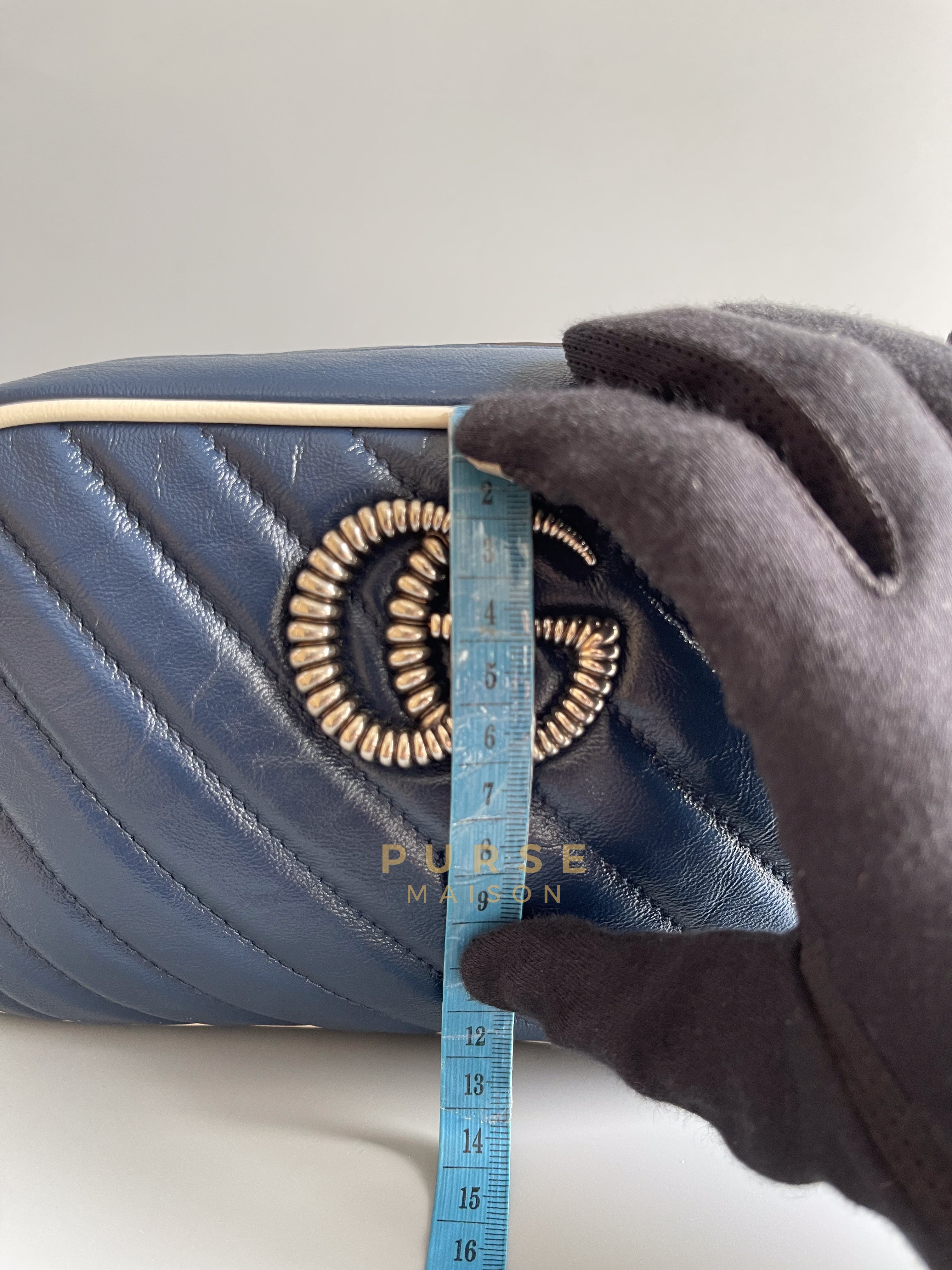 Marmont Matelasse Chain Small Diagonal Torchon (Navy Blue/White) | Purse Maison Luxury Bags Shop