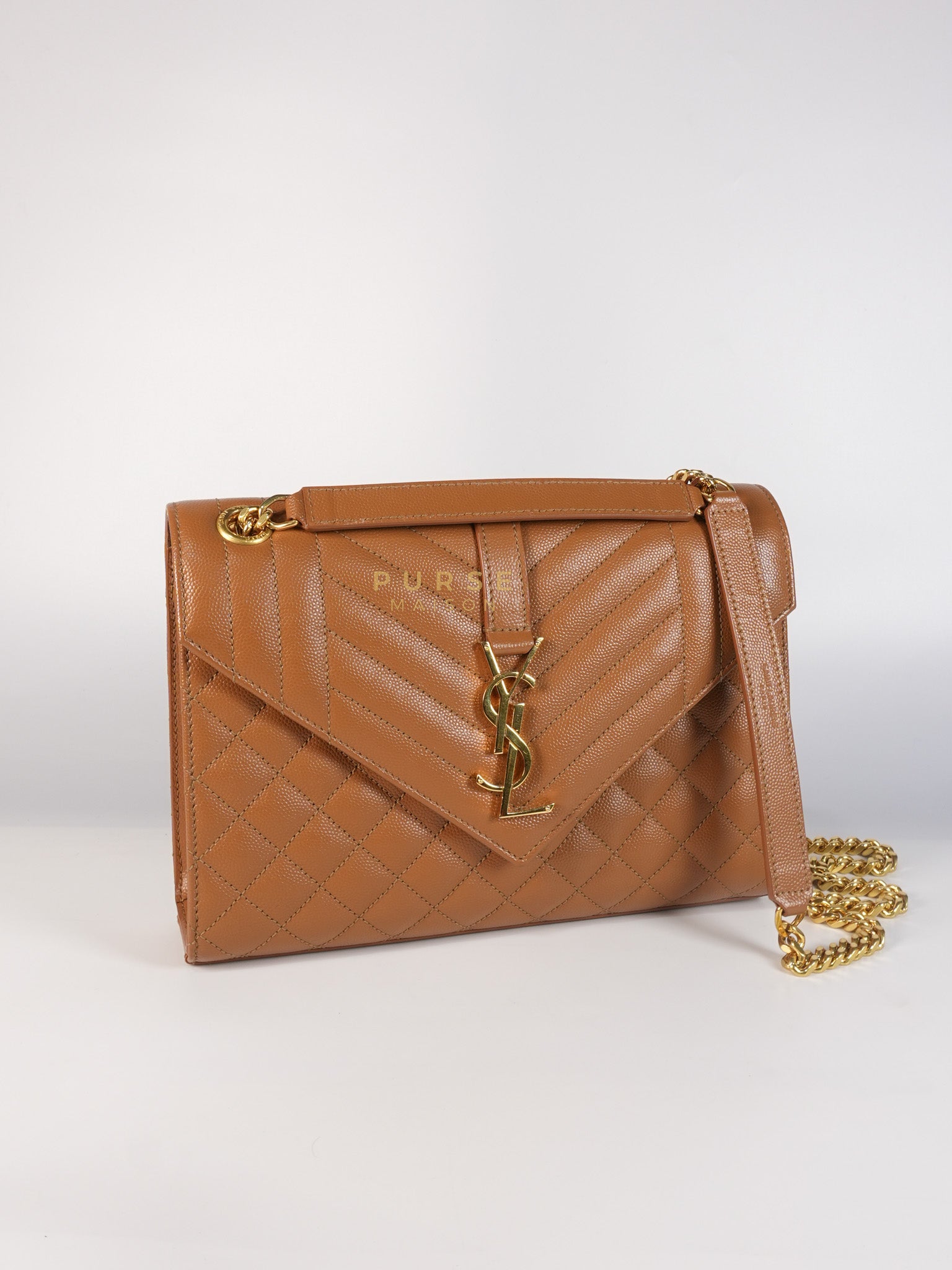 Matelasse Medium Envelope Bag in Caramel Grain de Poudre Leather | Purse Maison Luxury Bags Shop