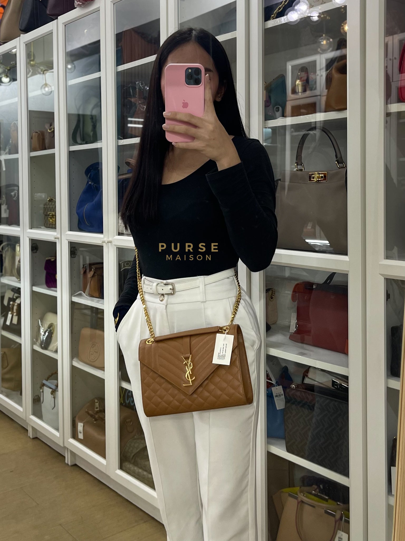 Matelasse Medium Envelope Bag in Caramel Grain de Poudre Leather | Purse Maison Luxury Bags Shop