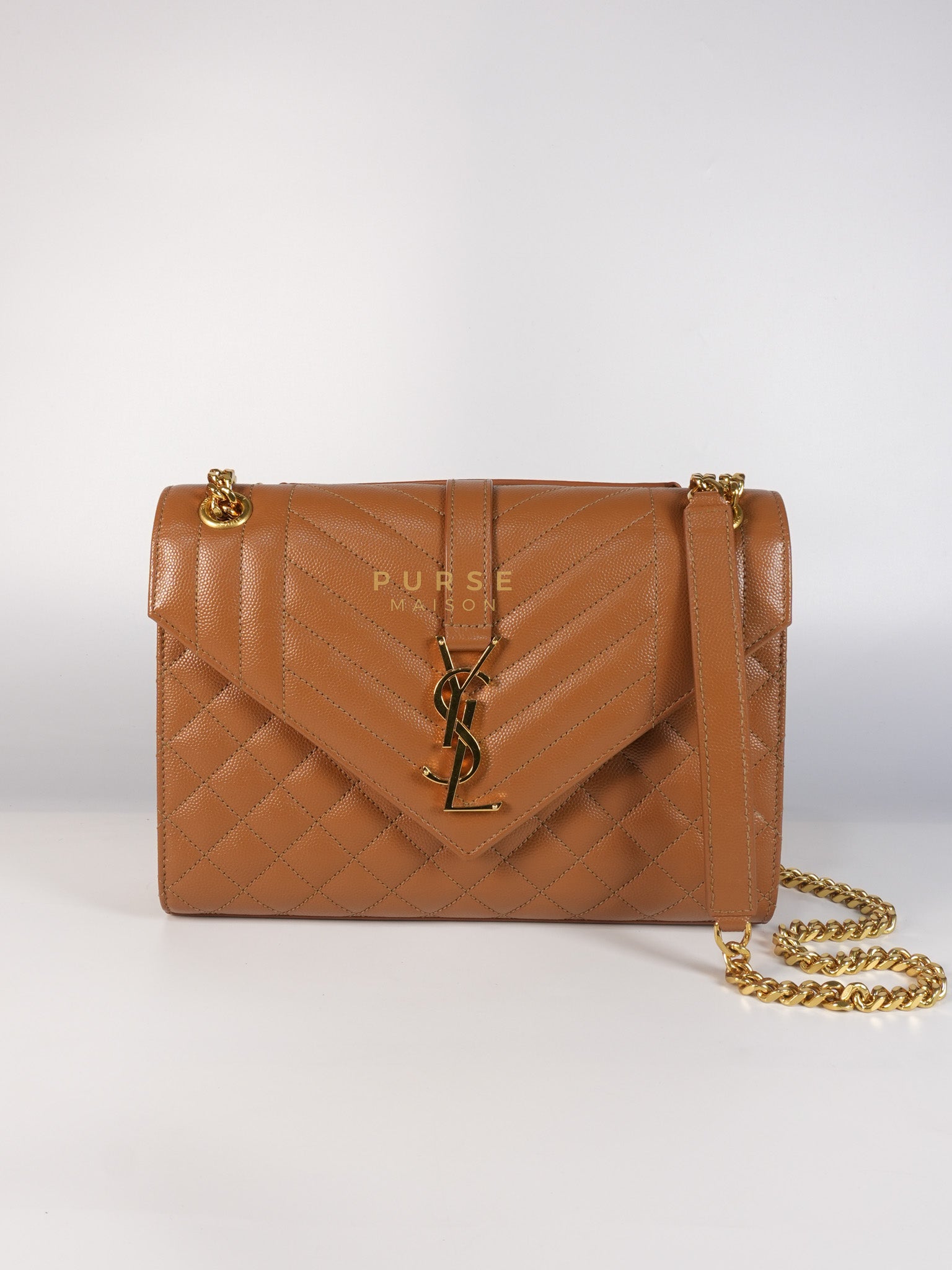 Matelasse Medium Envelope Bag in Caramel Grain de Poudre Leather | Purse Maison Luxury Bags Shop