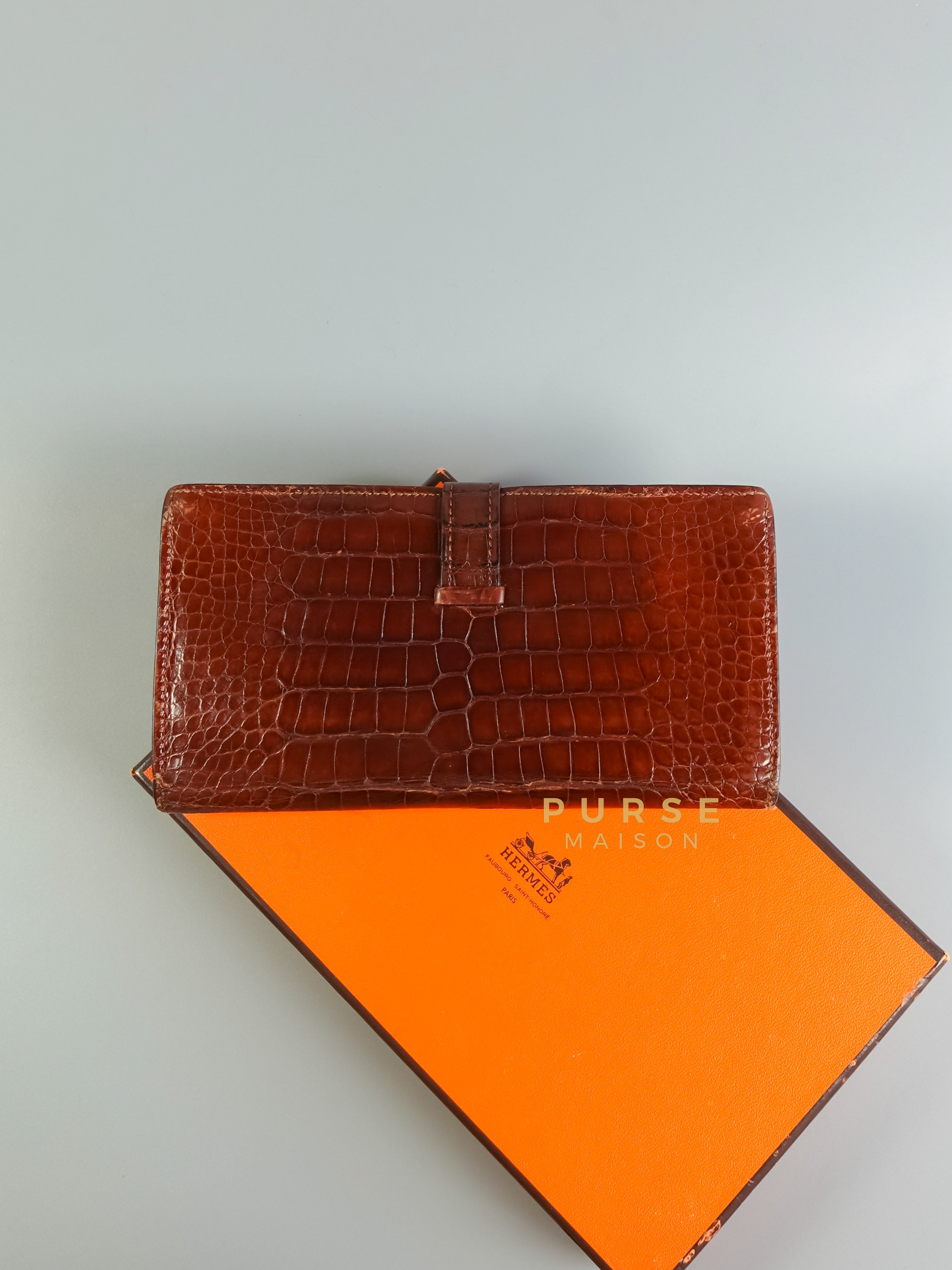 Matte Rouge H Alligator Bearn Bi-fold Long Wallet Stamp Square J | Purse Maison Luxury Bags Shop