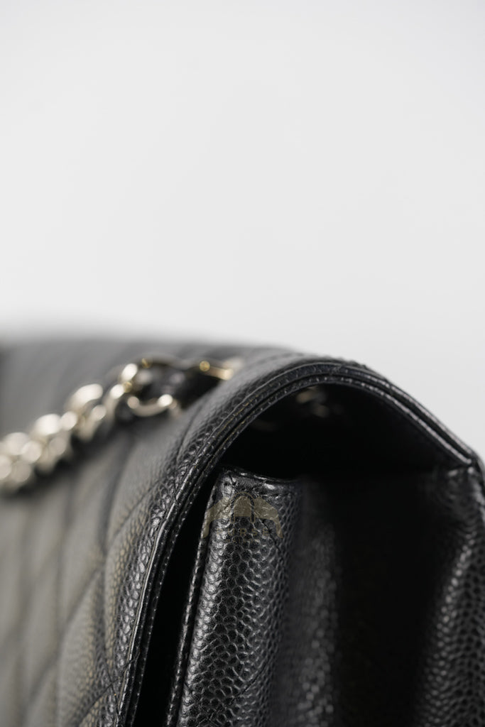 Maxi Single Flap in Black Quilted Caviar Leather and Silver Hardware Series 13 | Purse Maison Luxury Bags Shop