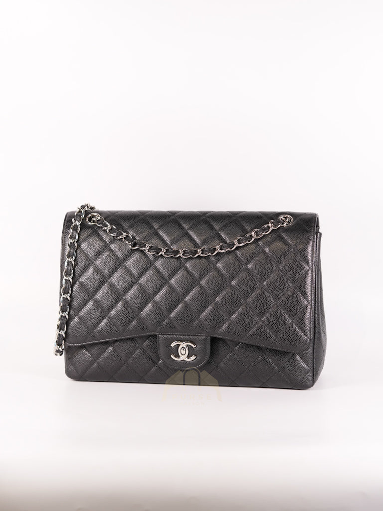 Maxi Single Flap in Black Quilted Caviar Leather and Silver Hardware Series 13 | Purse Maison Luxury Bags Shop