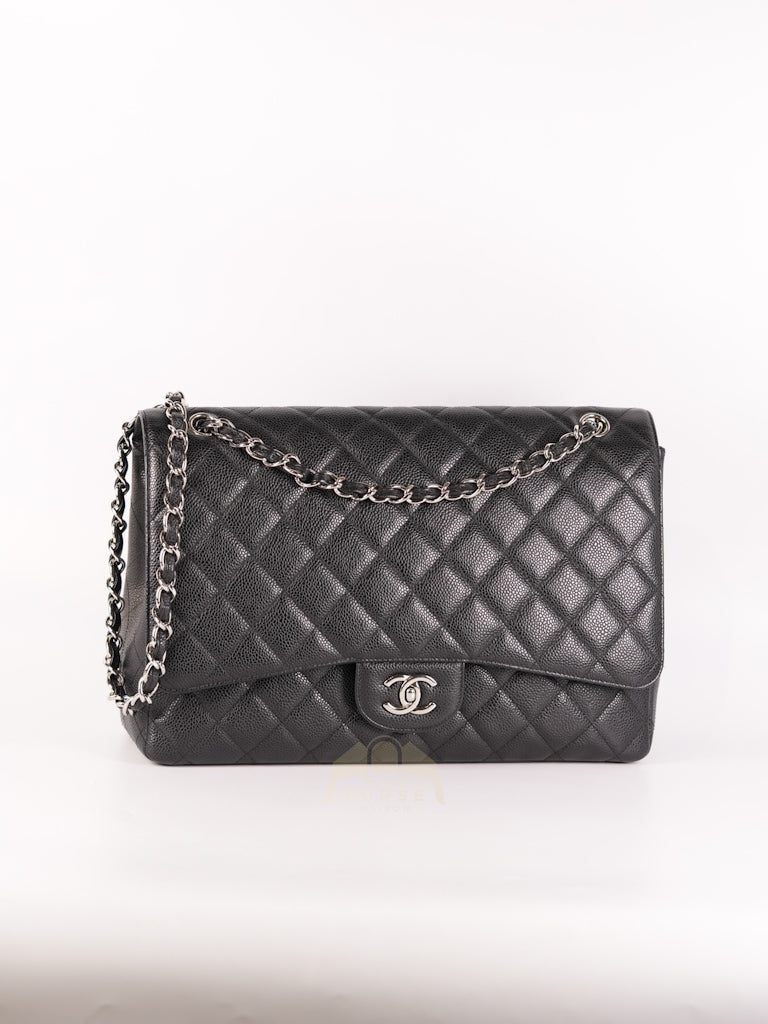 Maxi Single Flap in Black Quilted Caviar Leather and Silver Hardware Series 13 | Purse Maison Luxury Bags Shop