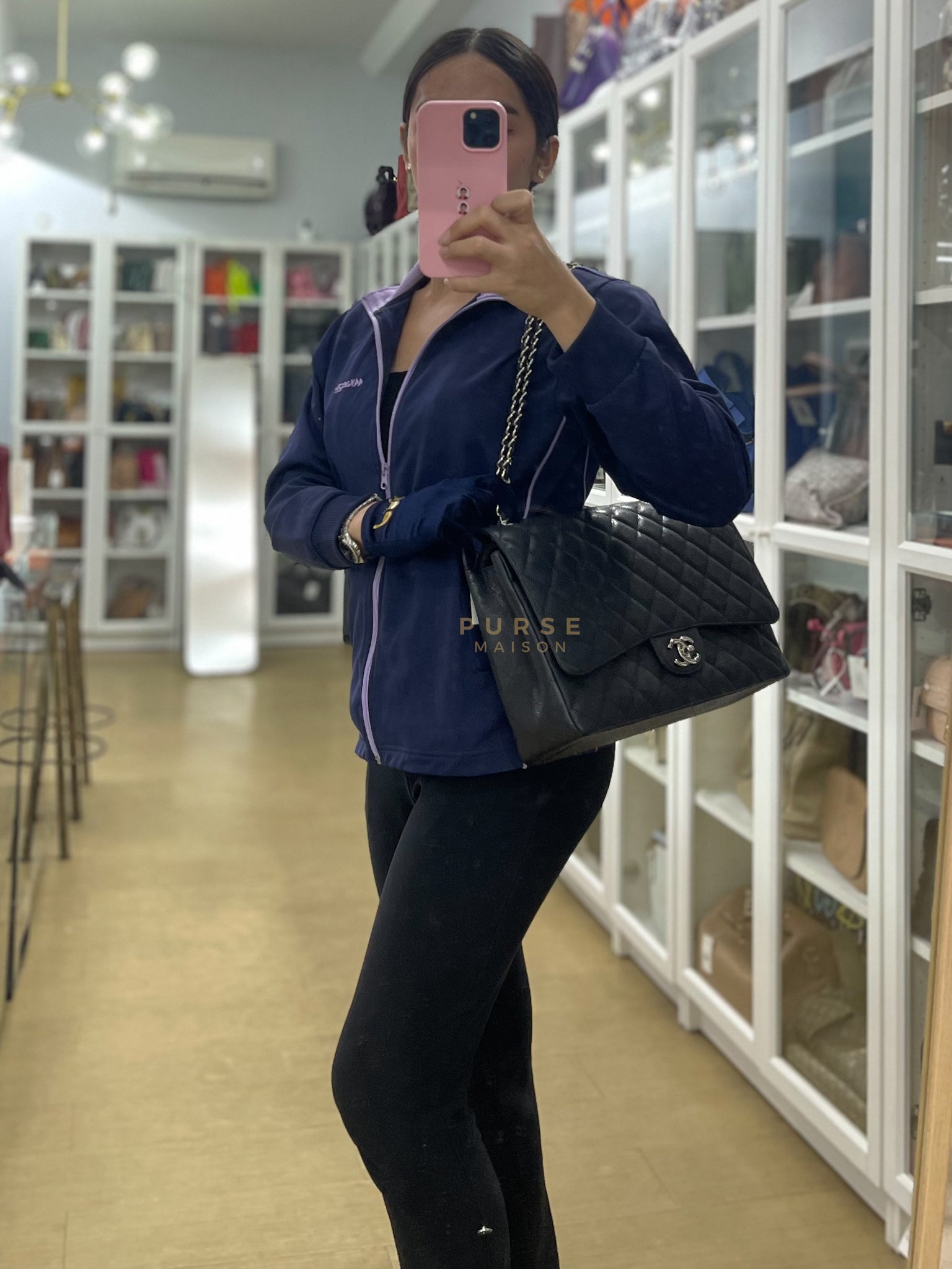 Classic Double Flap Maxi Black Caviar Leather Silver Hardware (Series 17) | Purse Maison Luxury Bags Shop