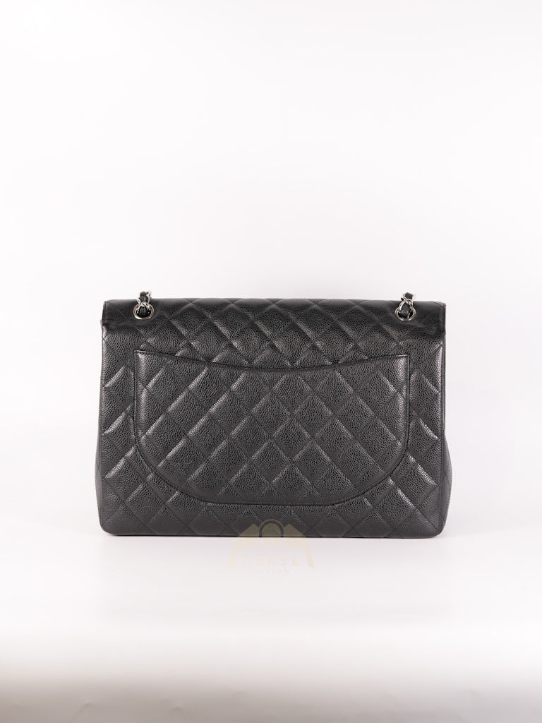 Maxi Single Flap in Black Quilted Caviar Leather and Silver Hardware Series 13 | Purse Maison Luxury Bags Shop