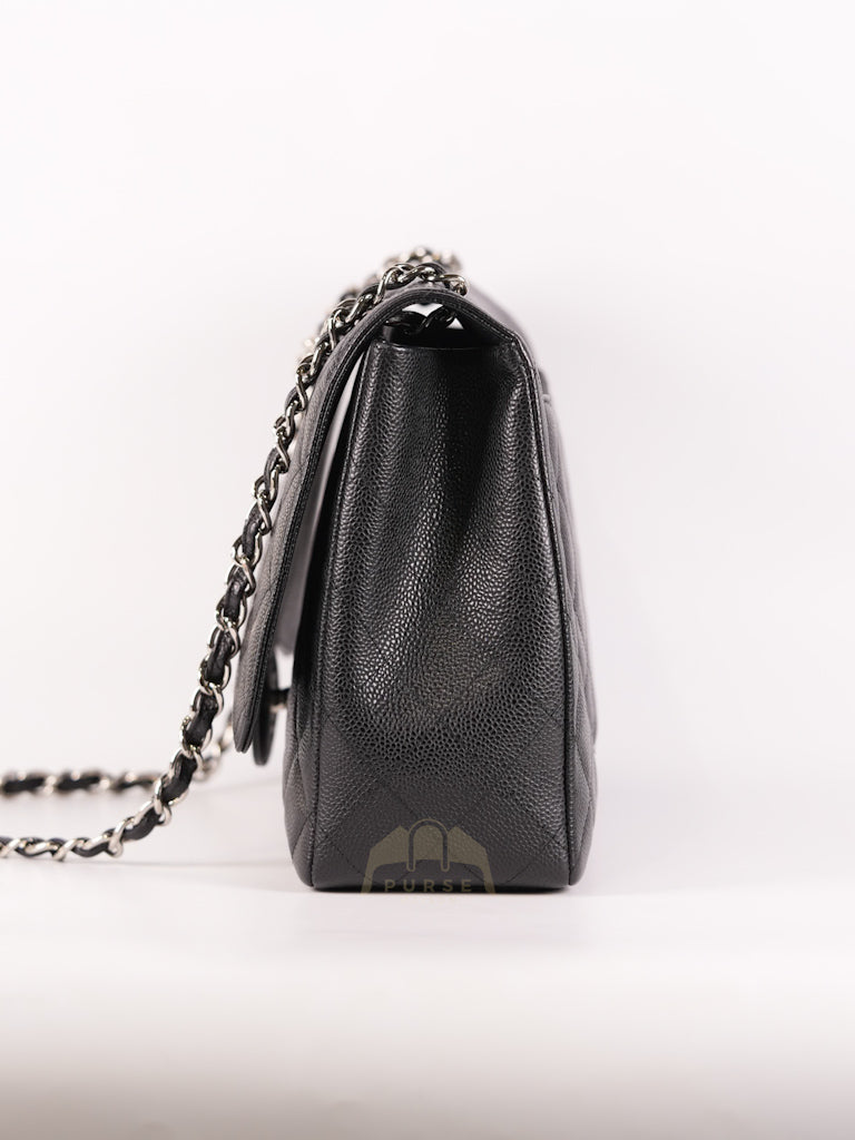 Maxi Single Flap in Black Quilted Caviar Leather and Silver Hardware Series 13 | Purse Maison Luxury Bags Shop