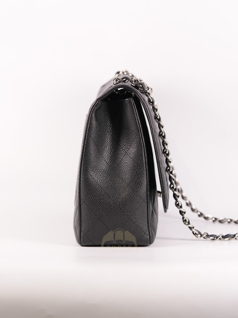 Maxi Single Flap in Black Quilted Caviar Leather and Silver Hardware Series 13 | Purse Maison Luxury Bags Shop