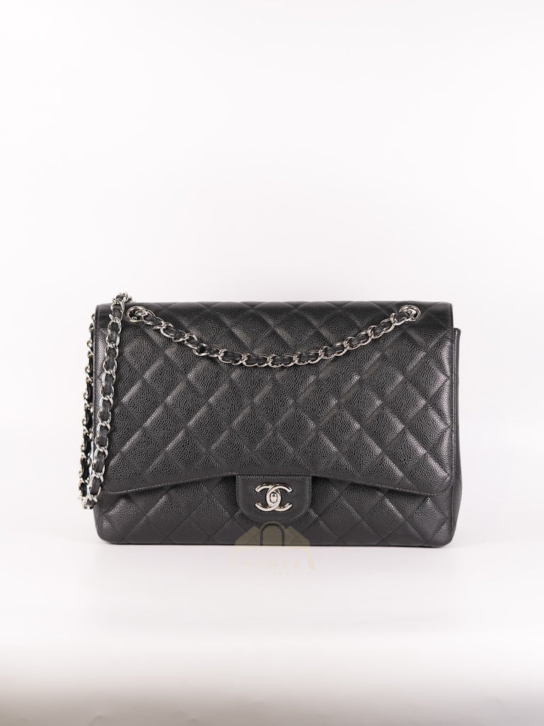 Maxi Single Flap in Black Quilted Caviar Leather and Silver Hardware Series 13 | Purse Maison Luxury Bags Shop
