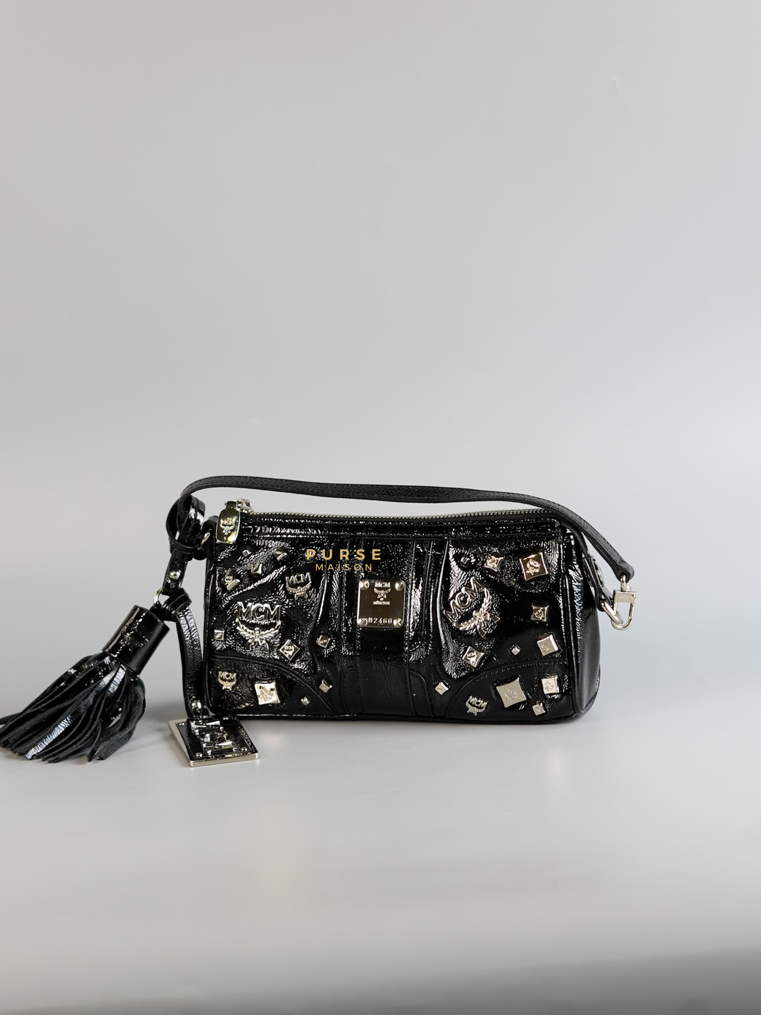 MCM Glossy Distressed Black Leather Shoulder Bag | Purse Maison Luxury Bags Shop