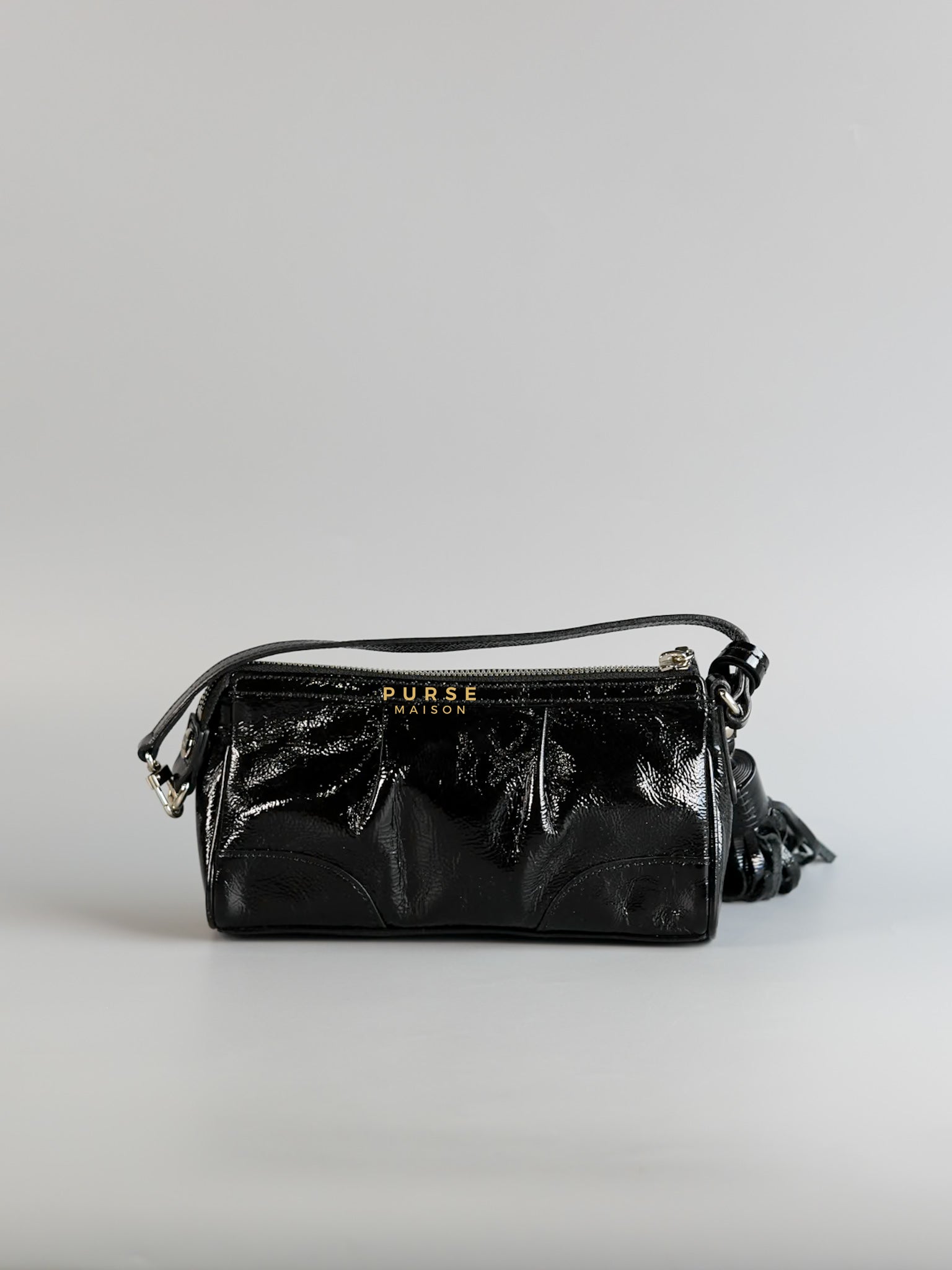 MCM Glossy Distressed Black Leather Shoulder Bag | Purse Maison Luxury Bags Shop