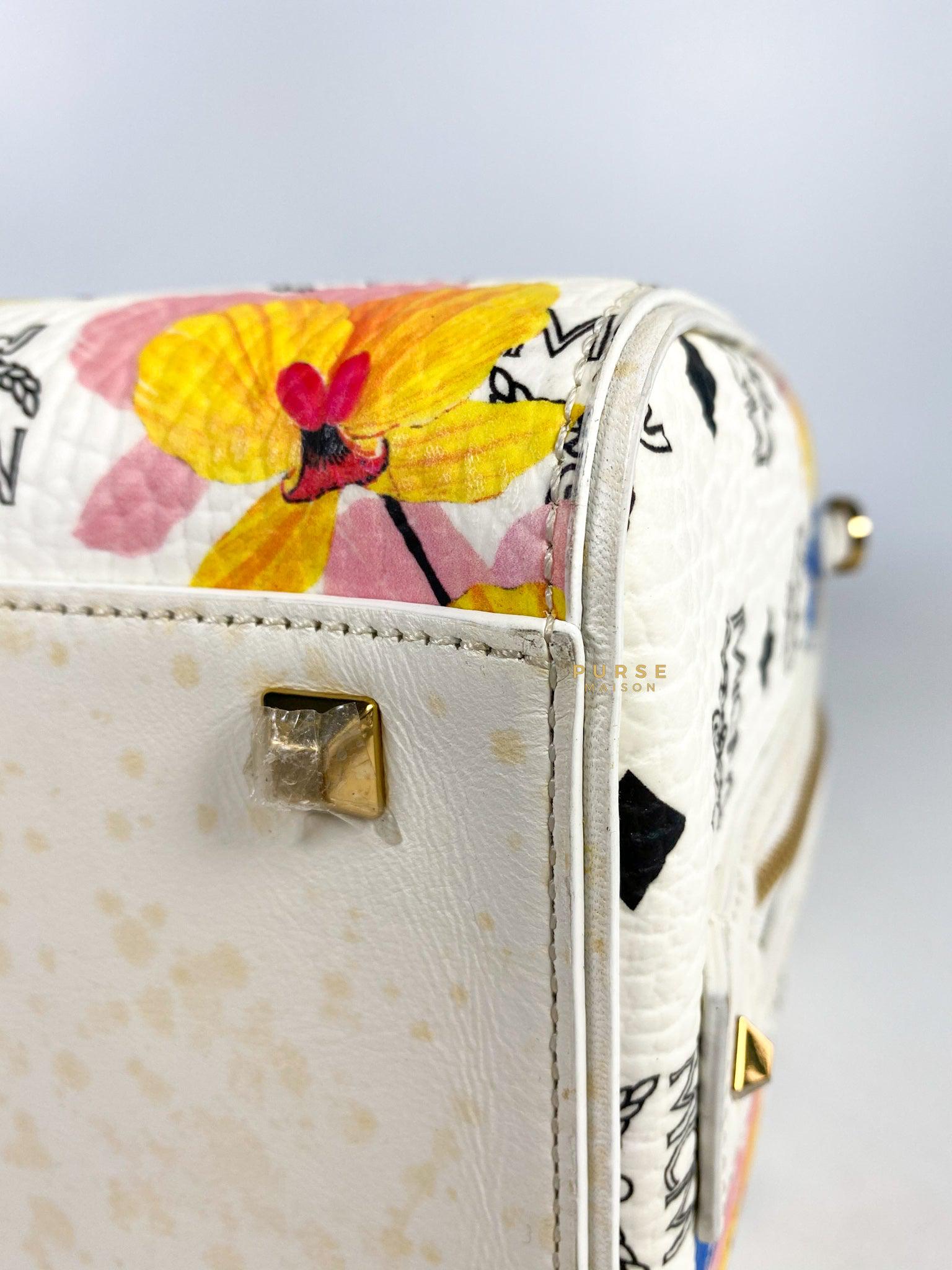 MCM Visetos Floral Print Boston White Bag