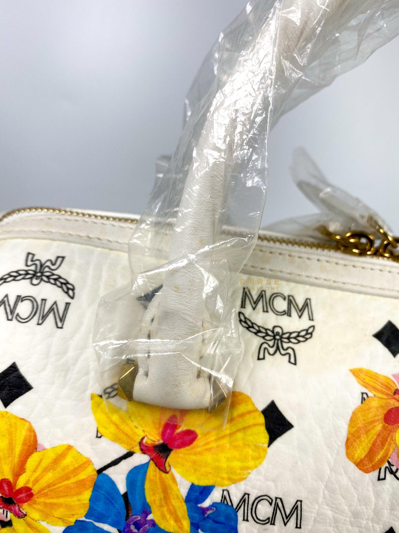 MCM Visetos Floral Print Boston White Bag