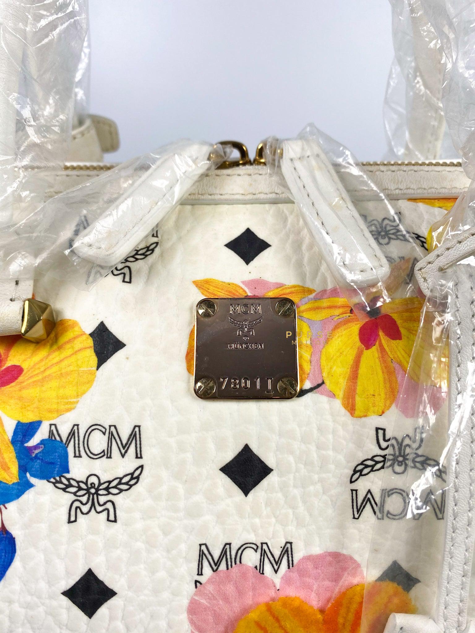 MCM Visetos Floral Print Boston White Bag