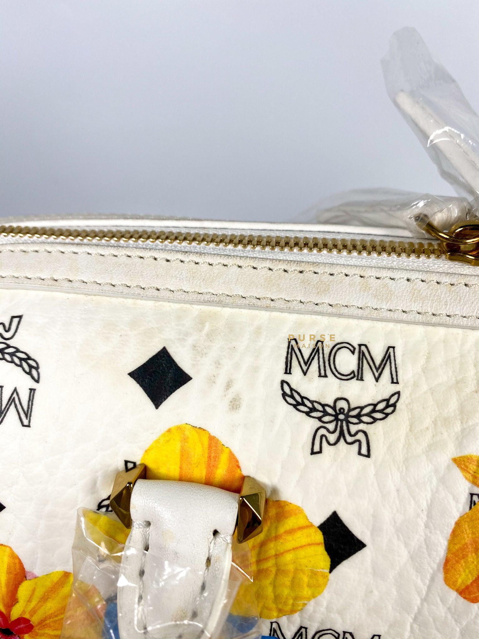 MCM Visetos Floral Print Boston White Bag