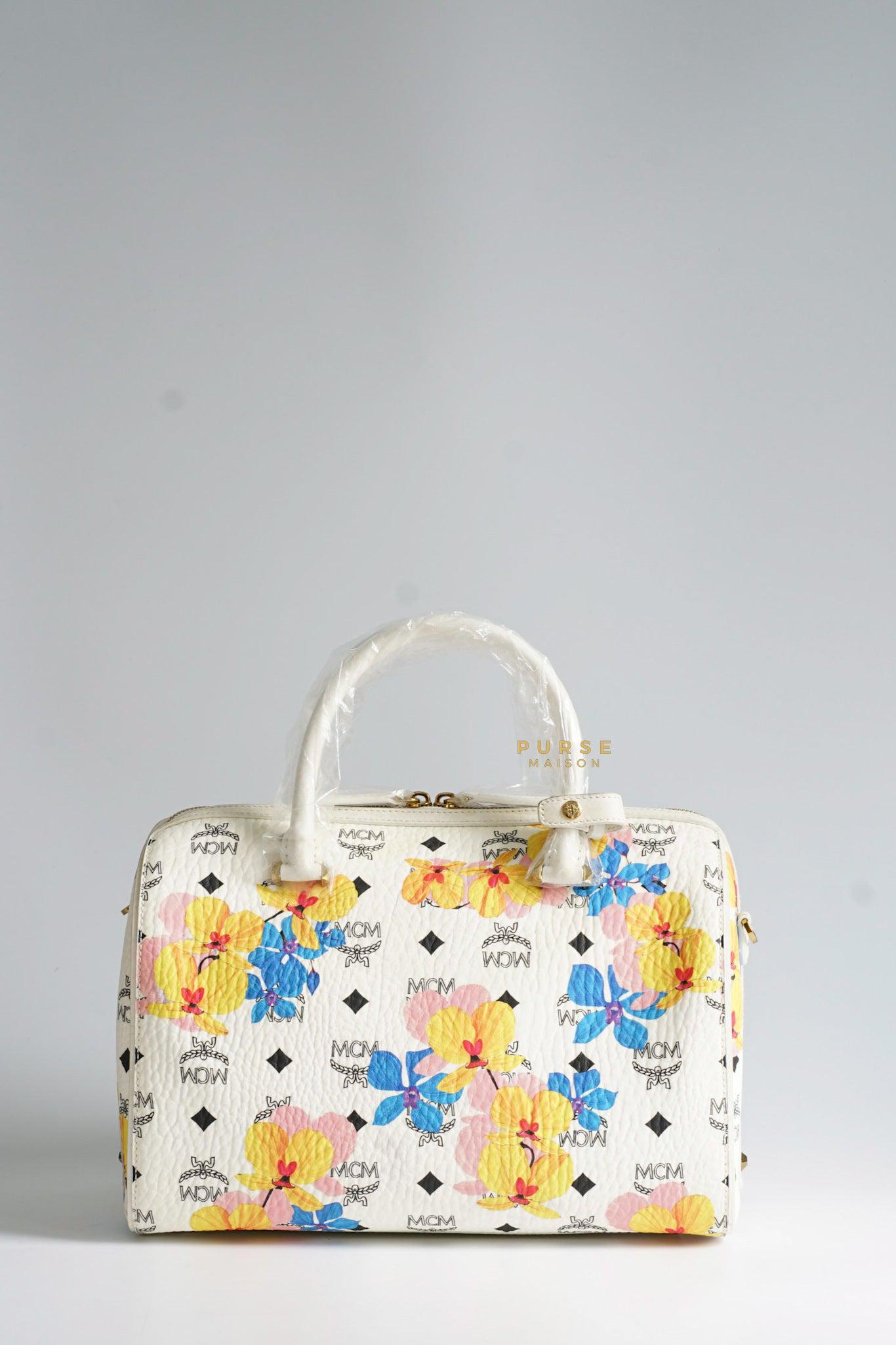 MCM Visetos Floral Print Boston White Bag