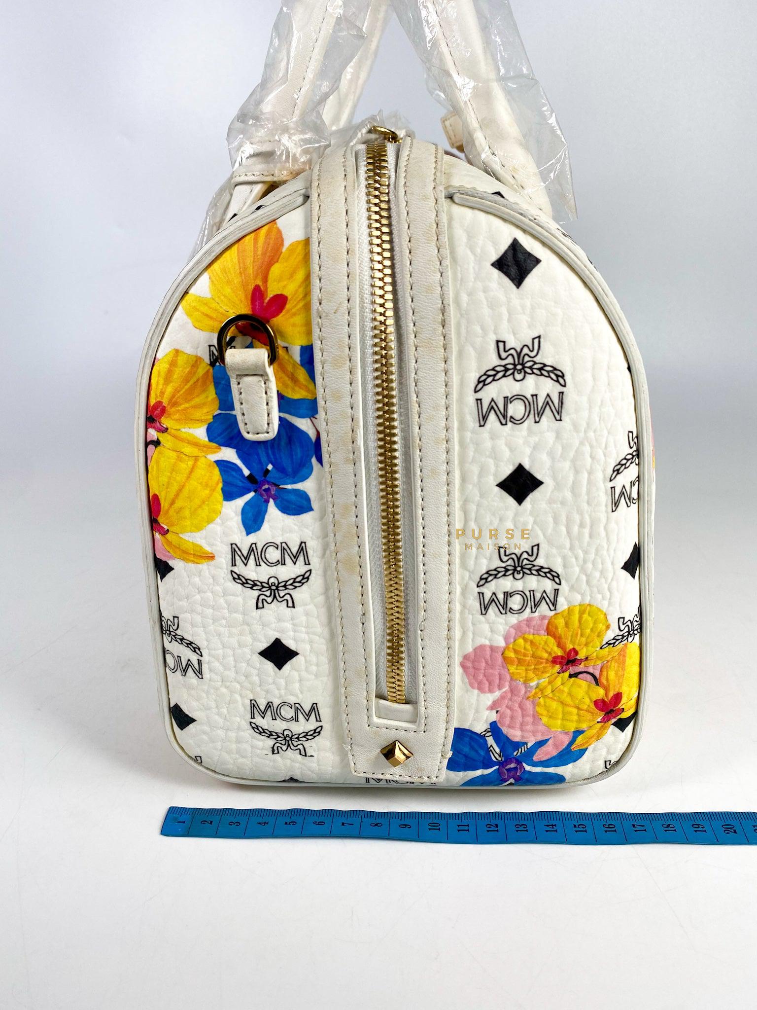 MCM Visetos Floral Print Boston White Bag