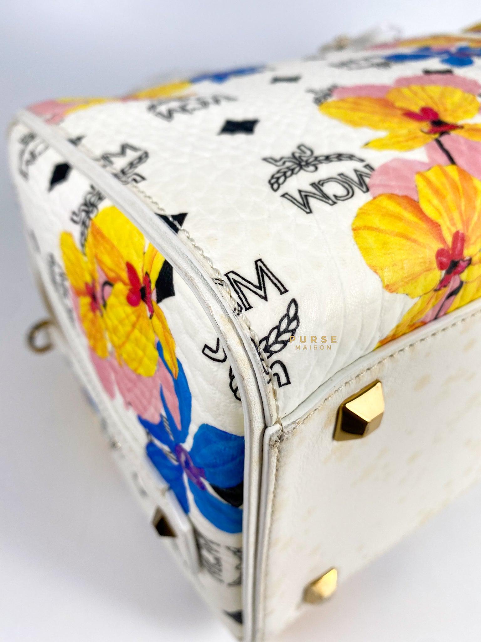 MCM Visetos Floral Print Boston White Bag Purse Maison