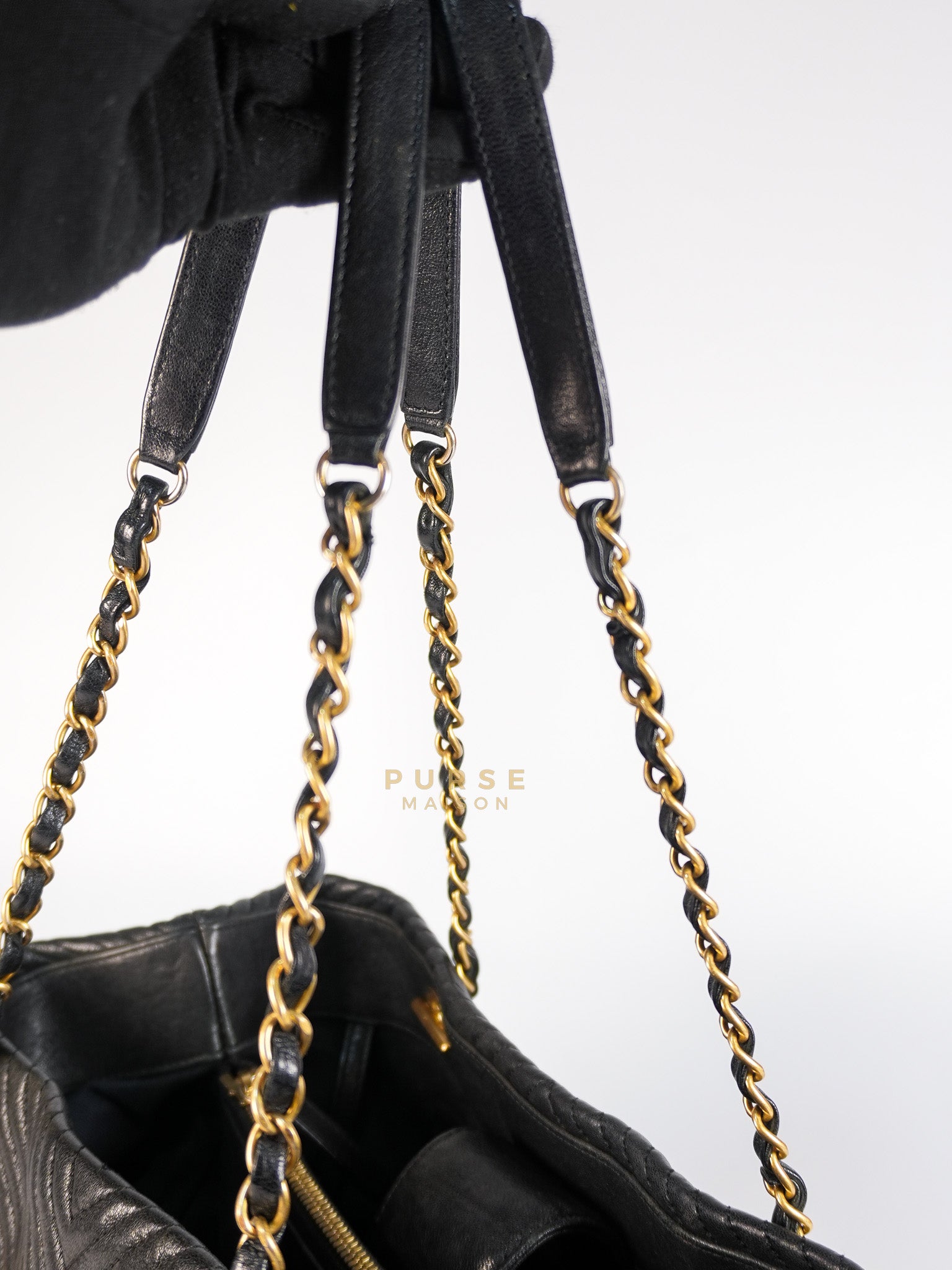 Medallion Charm in Black Chevron Calfskin Leather Tote Bag Series 18 | Purse Maison Luxury Bags Shop