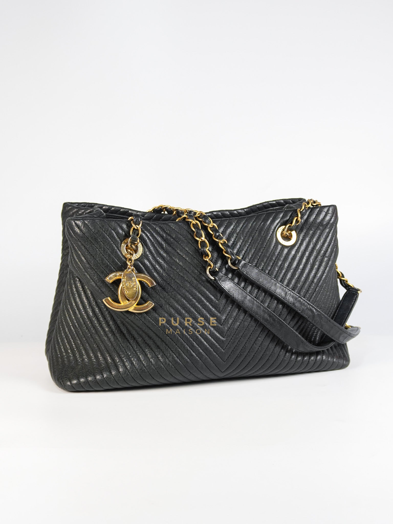 Medallion Charm in Black Chevron Calfskin Leather Tote Bag Series 18 | Purse Maison Luxury Bags Shop