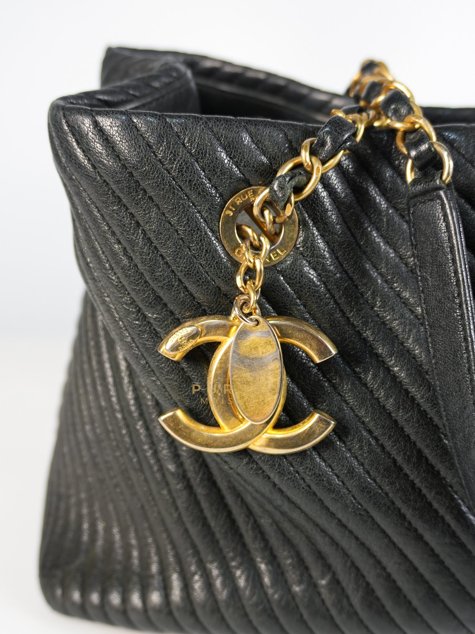 Medallion Charm in Black Chevron Calfskin Leather Tote Bag Series 18 | Purse Maison Luxury Bags Shop