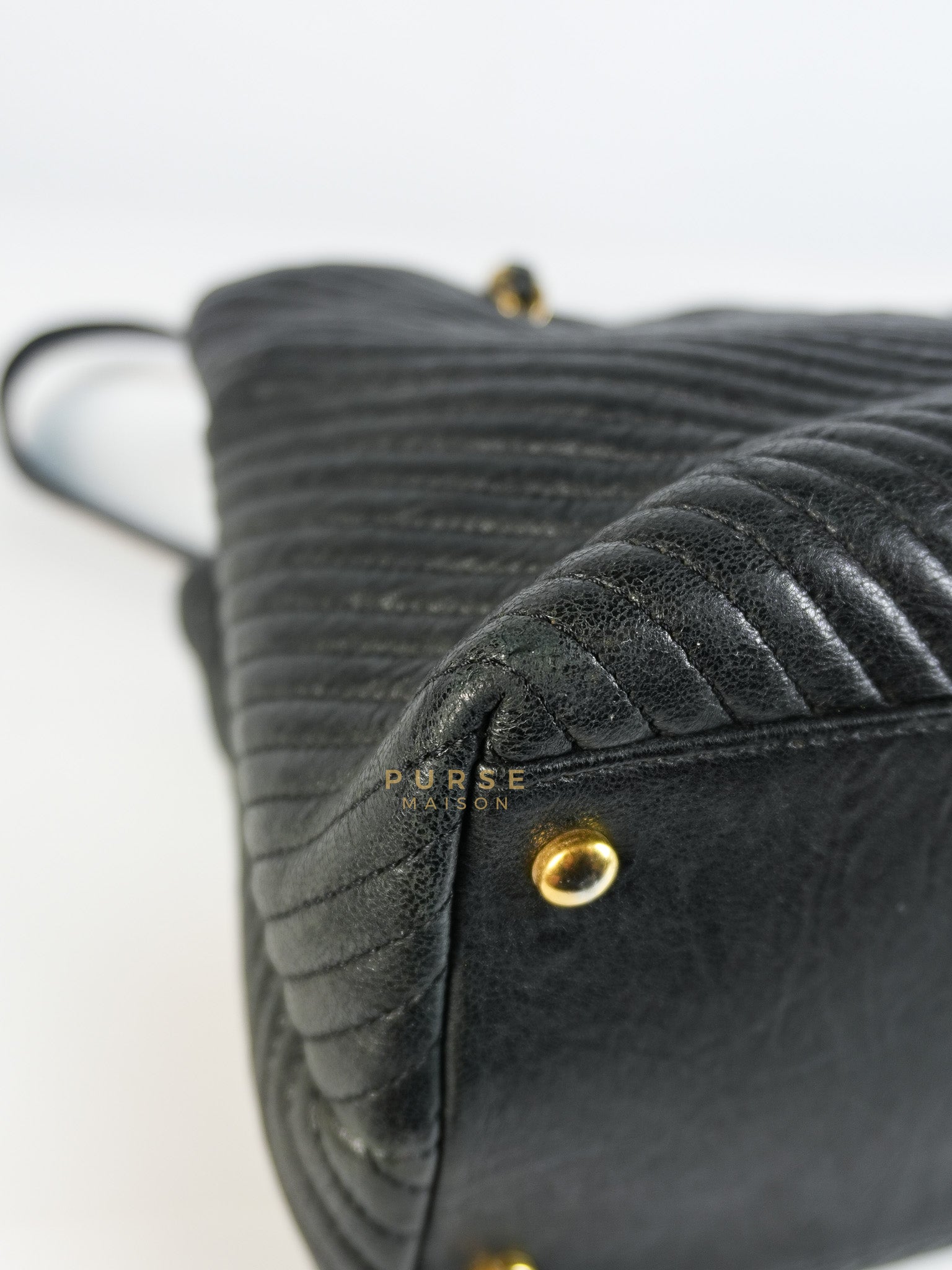Medallion Charm in Black Chevron Calfskin Leather Tote Bag Series 18 | Purse Maison Luxury Bags Shop