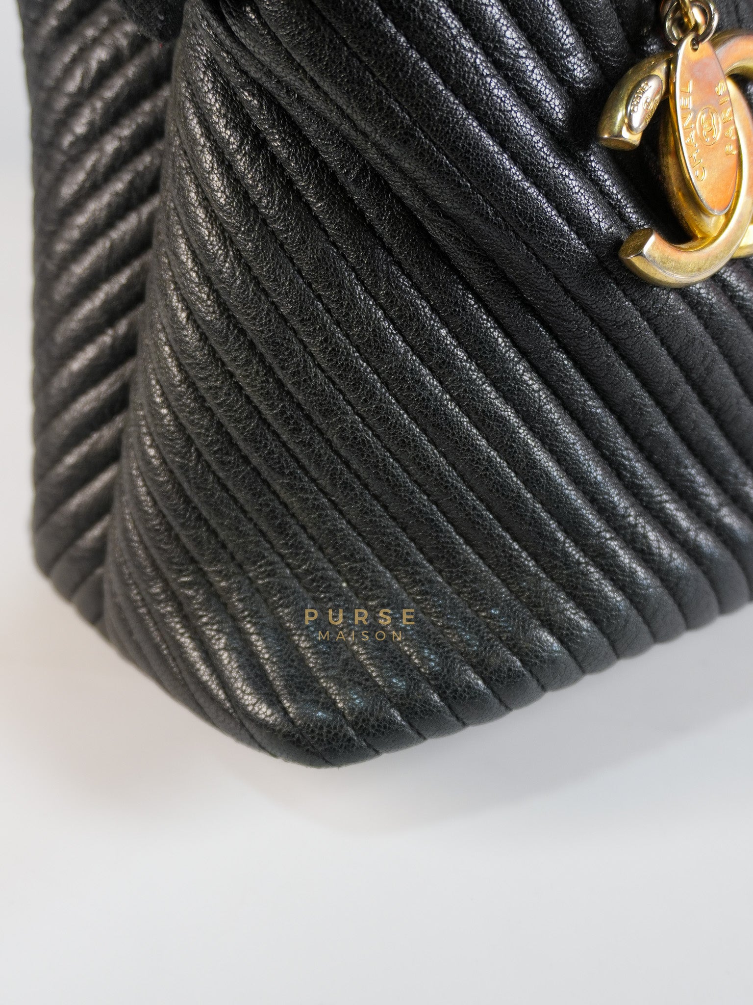 Medallion Charm in Black Chevron Calfskin Leather Tote Bag Series 18 | Purse Maison Luxury Bags Shop