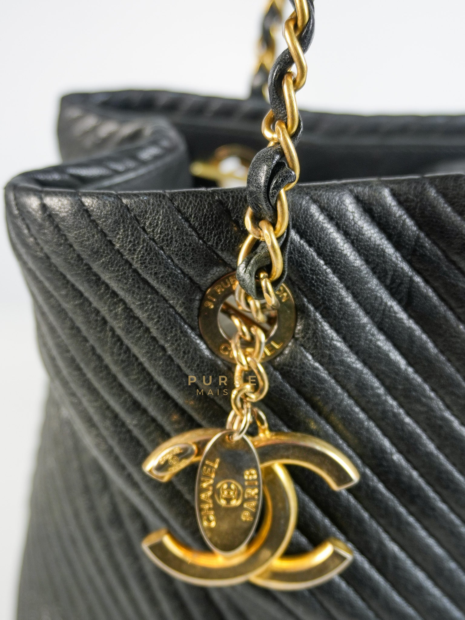 Medallion Charm in Black Chevron Calfskin Leather Tote Bag Series 18 | Purse Maison Luxury Bags Shop