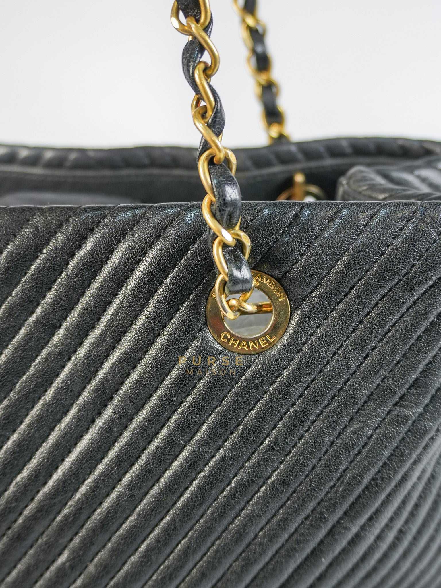 Medallion Charm in Black Chevron Calfskin Leather Tote Bag Series 18 | Purse Maison Luxury Bags Shop