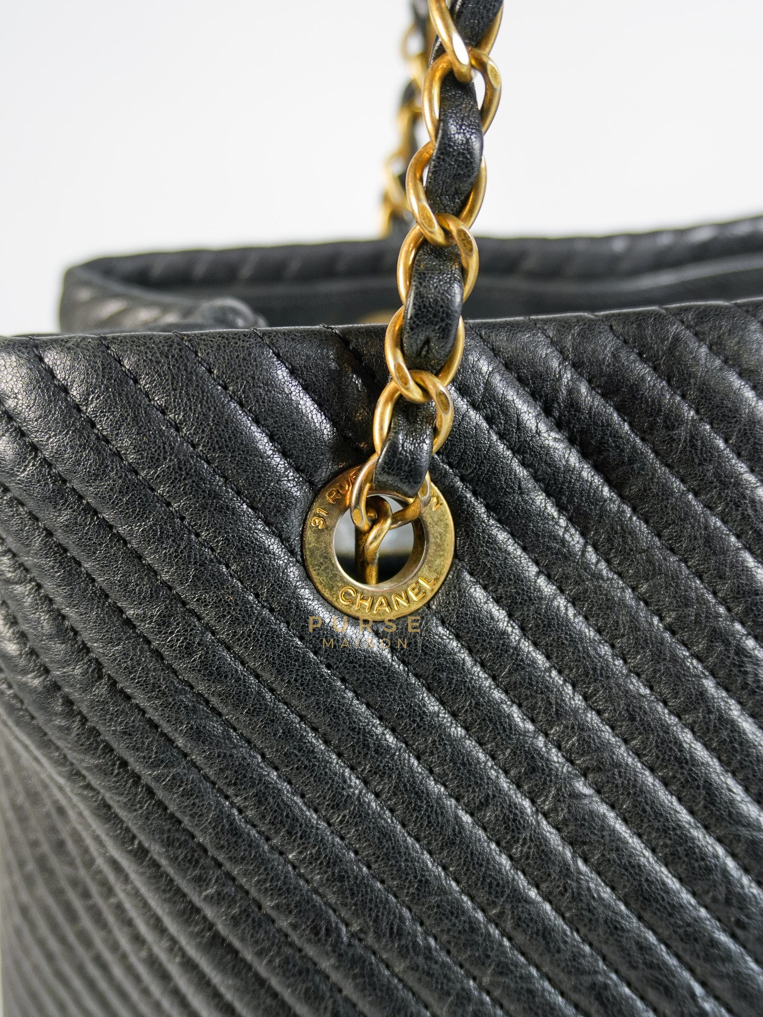 Medallion Charm in Black Chevron Calfskin Leather Tote Bag Series 18 | Purse Maison Luxury Bags Shop
