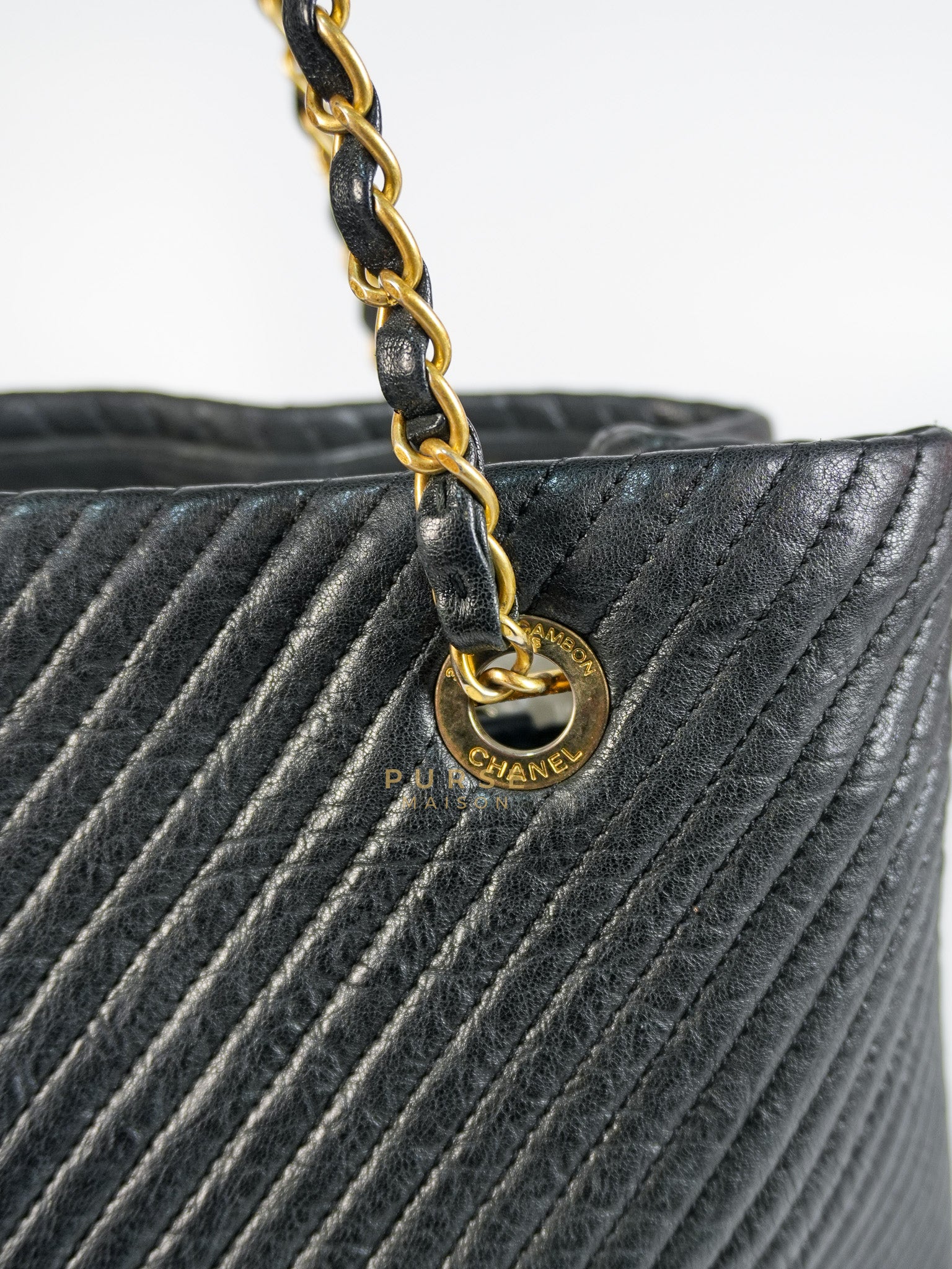 Medallion Charm in Black Chevron Calfskin Leather Tote Bag Series 18 | Purse Maison Luxury Bags Shop