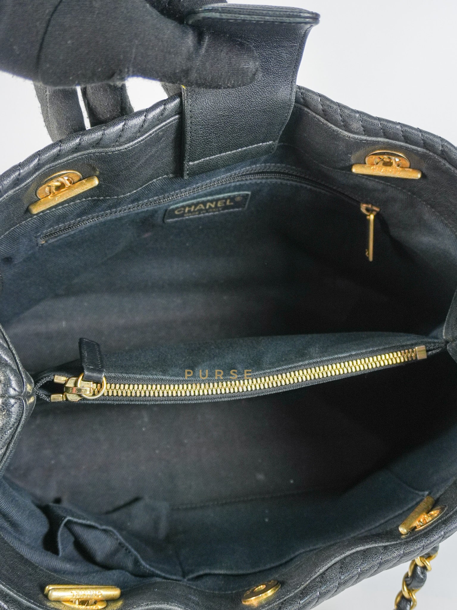 Medallion Charm in Black Chevron Calfskin Leather Tote Bag Series 18 | Purse Maison Luxury Bags Shop