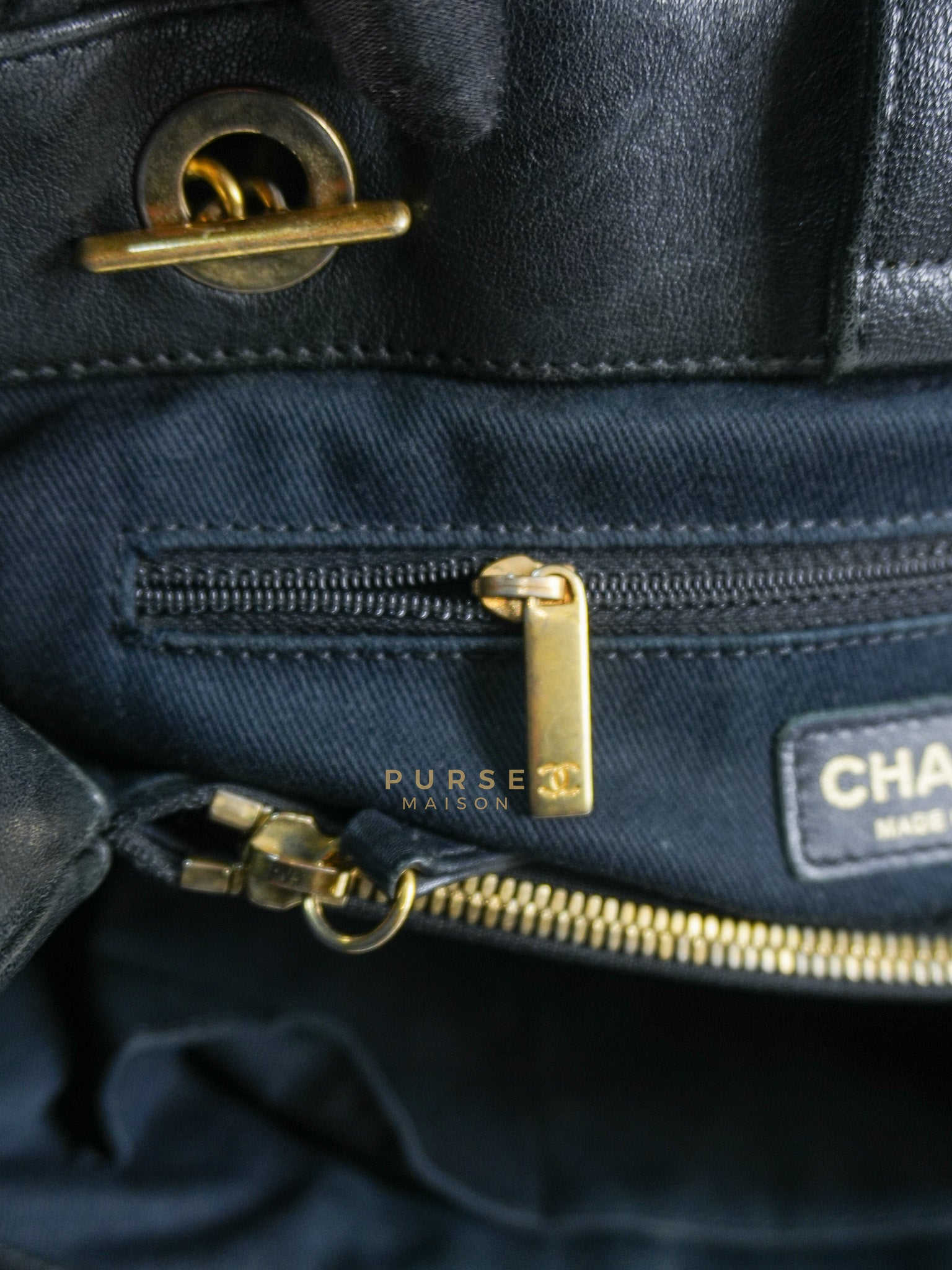 Medallion Charm in Black Chevron Calfskin Leather Tote Bag Series 18 | Purse Maison Luxury Bags Shop