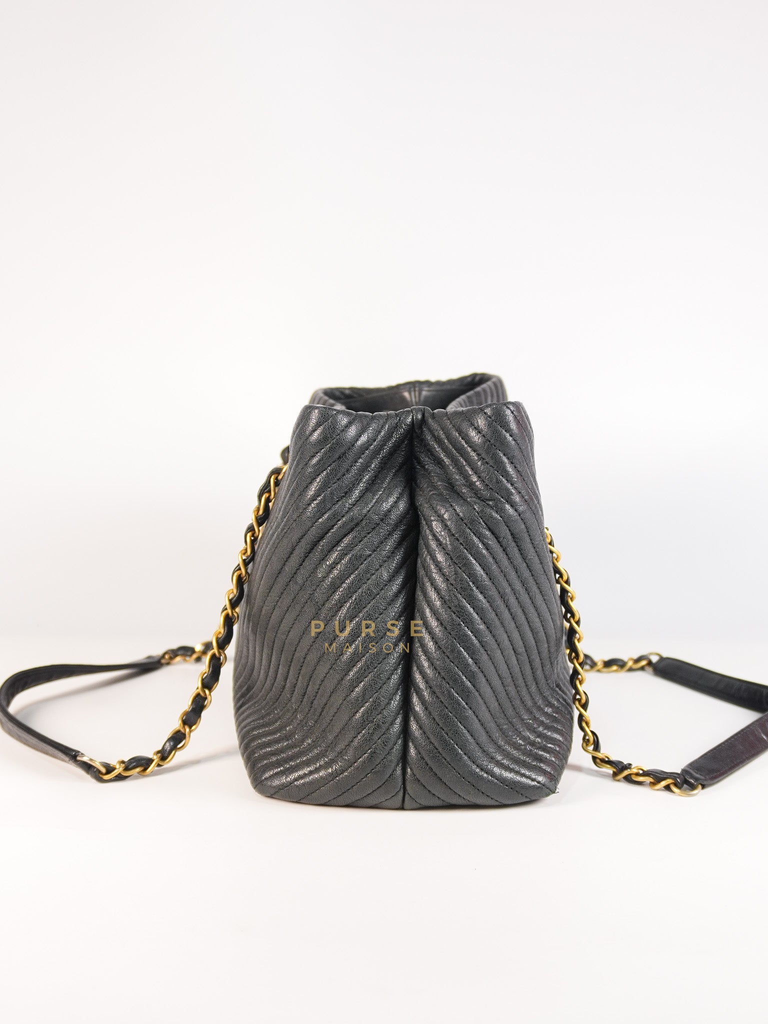 Medallion Charm in Black Chevron Calfskin Leather Tote Bag Series 18 | Purse Maison Luxury Bags Shop
