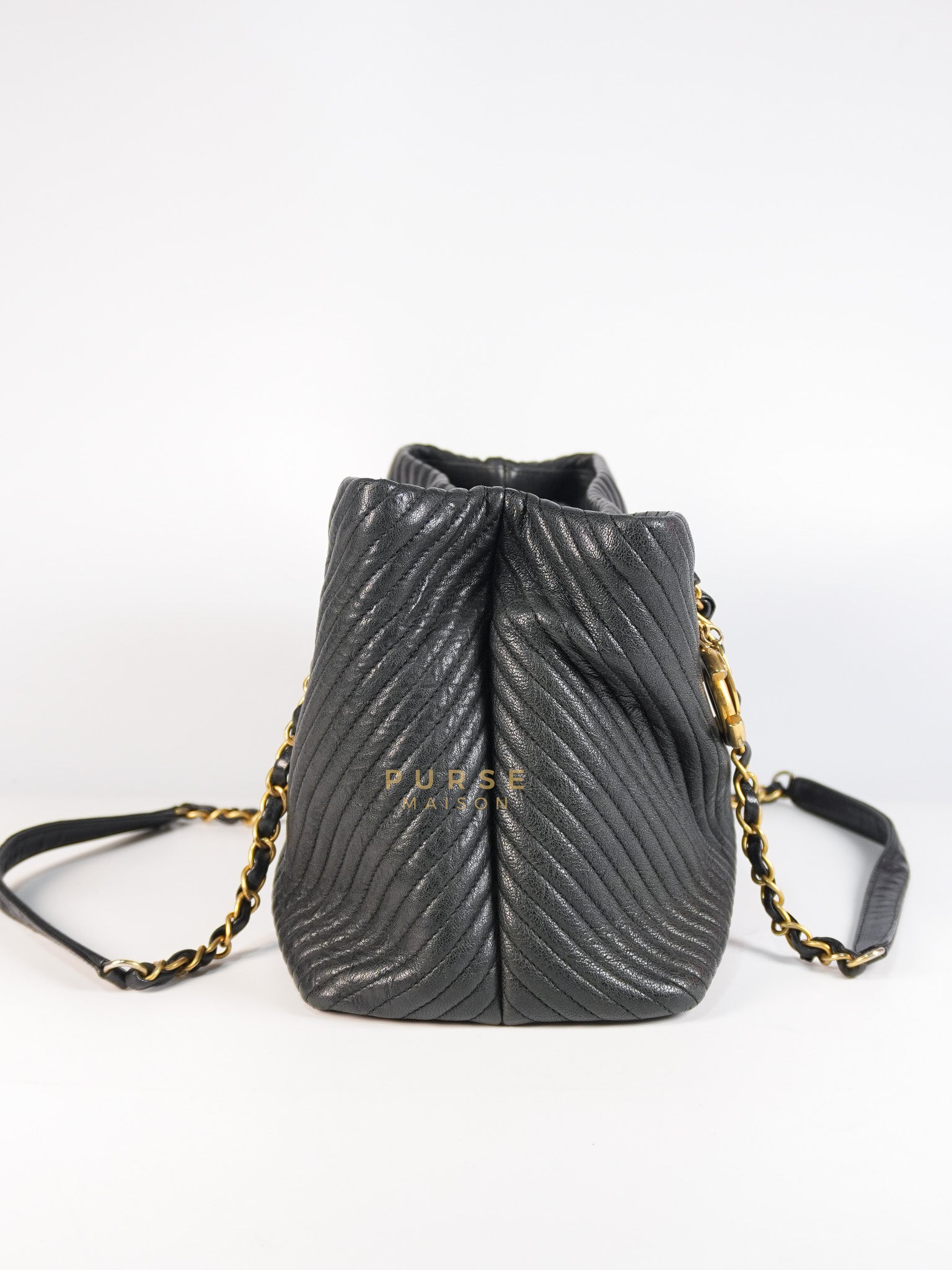 Medallion Charm in Black Chevron Calfskin Leather Tote Bag Series 18 | Purse Maison Luxury Bags Shop