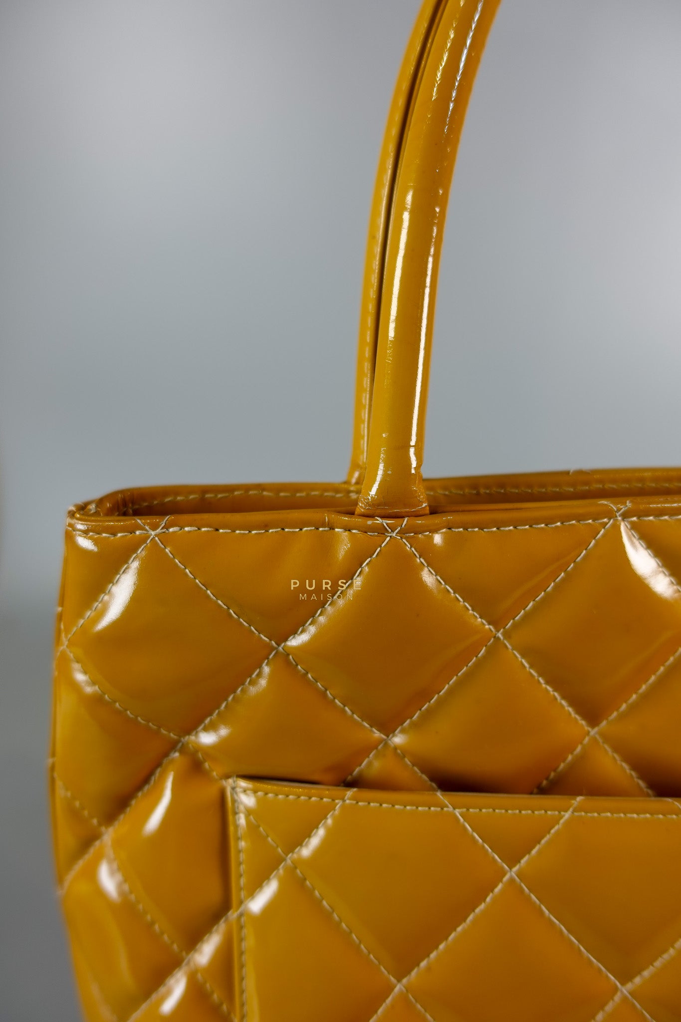 Medallion Yellow Mustard Vintage Patent Leather Handbag and Gold Hardware Series 7 | Purse Maison Luxury Bags Shop