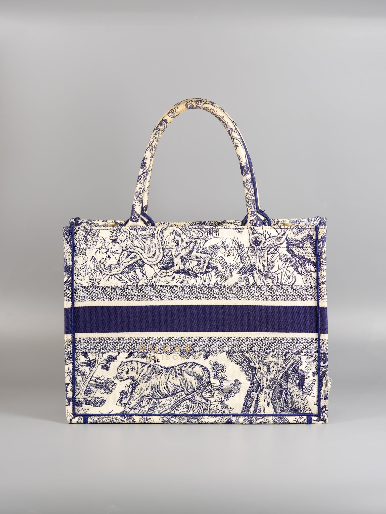 Medium Booktote Bag in Blue and Ecru Toile de Jouy Reverse Embroidery | Purse Maison Luxury Bags Shop