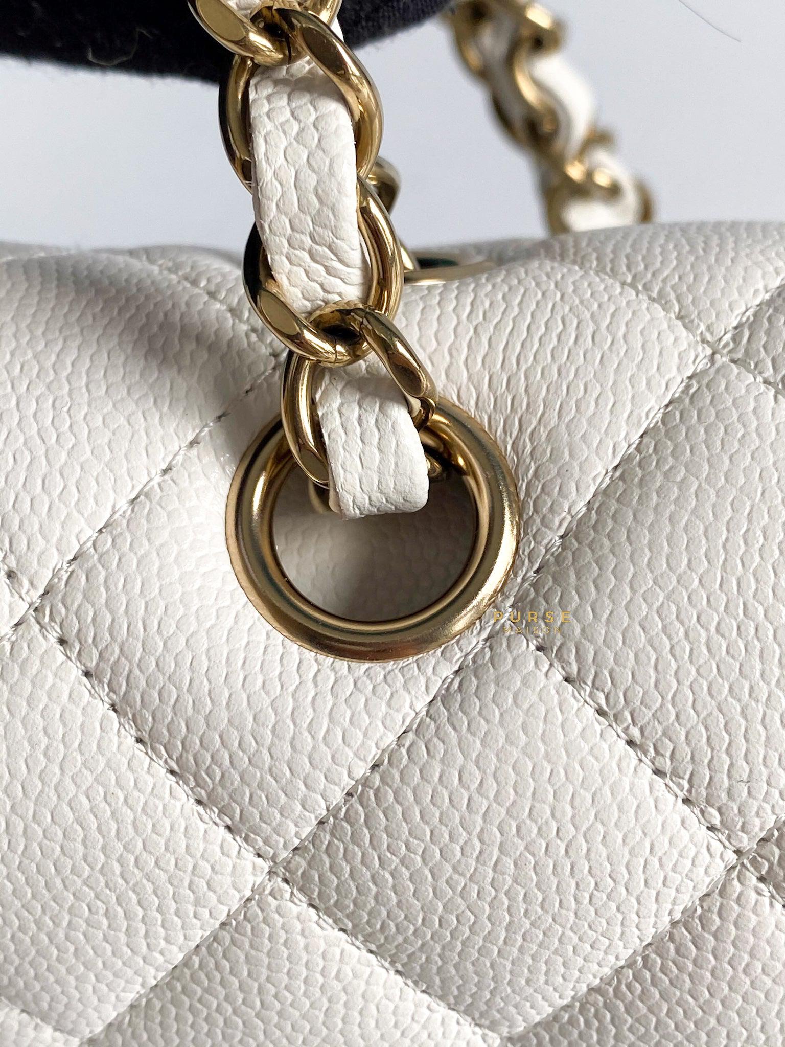 Chanel Medium Classic Double Flap 23C White Caviar Leather and Light Gold Hardware (Microchip)