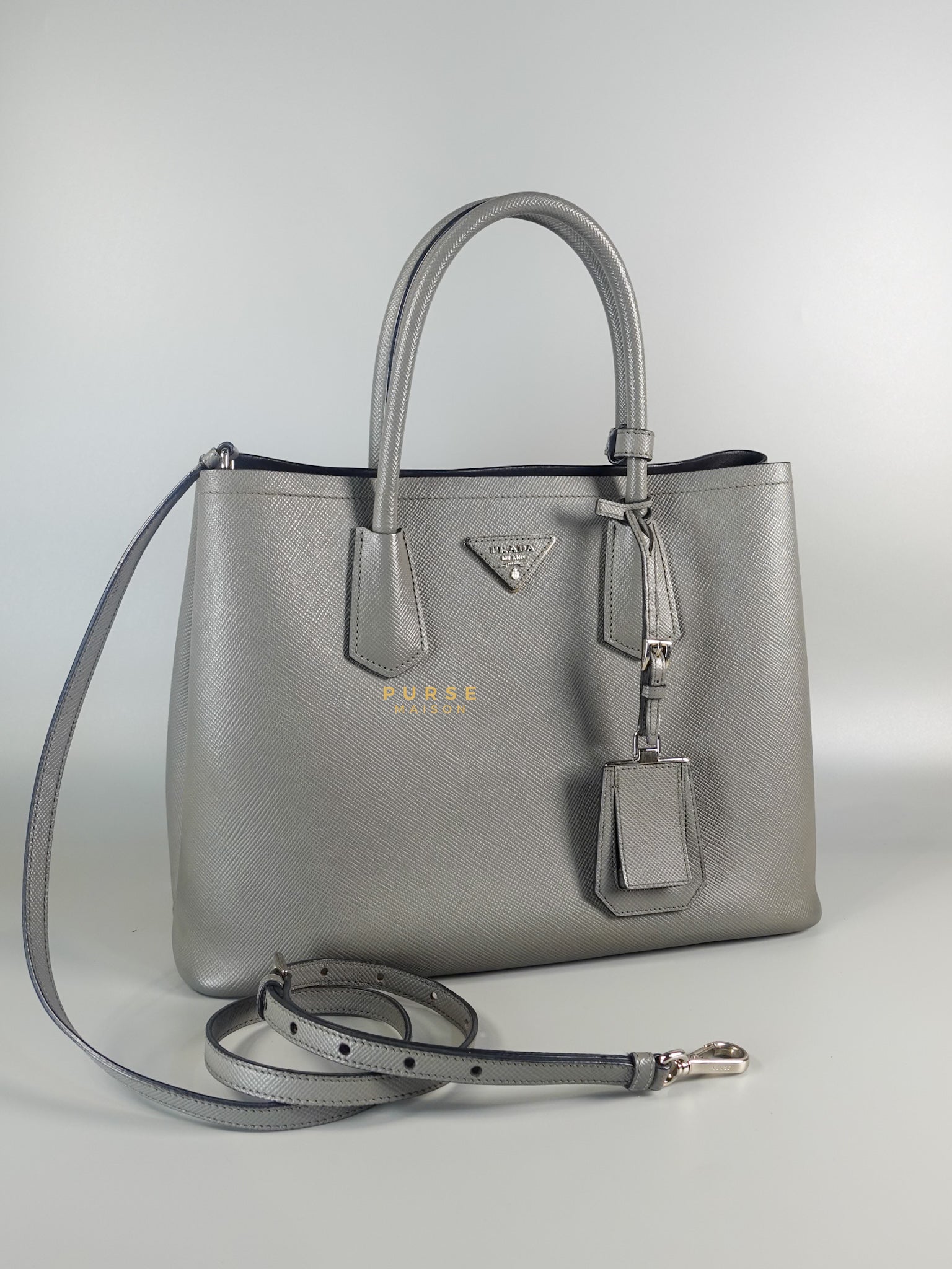 Medium Saffiano Cuir Leather Gray Double Bag | Purse Maison Luxury Bags Shop