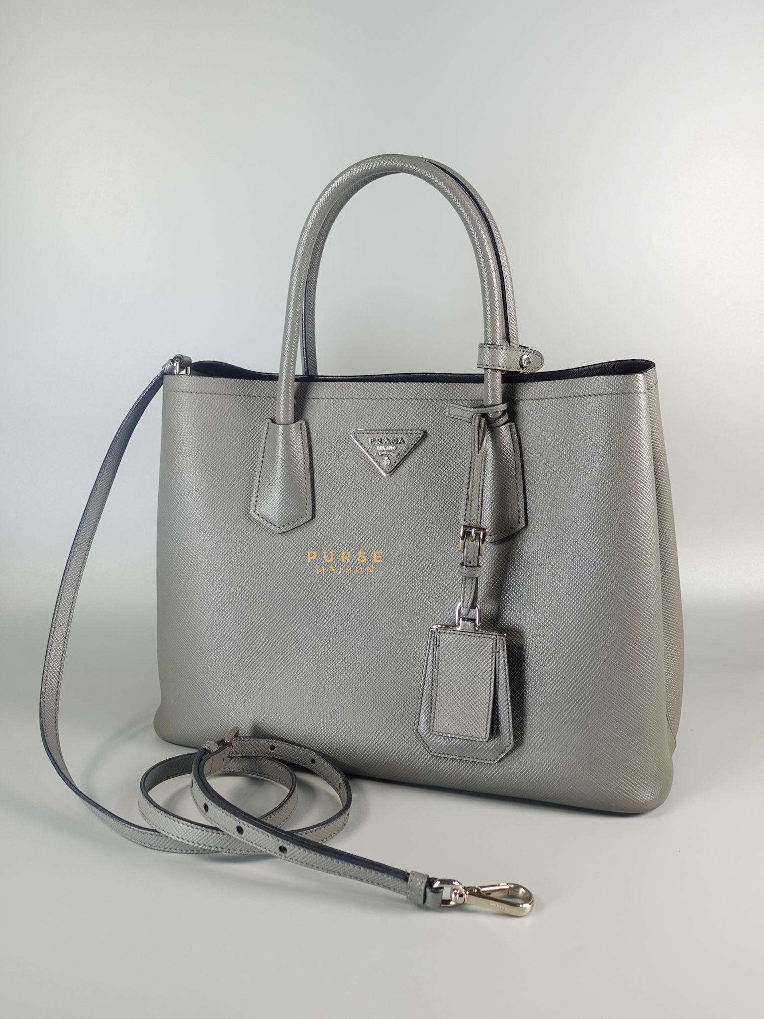 Medium Saffiano Cuir Leather Gray Double Bag | Purse Maison Luxury Bags Shop